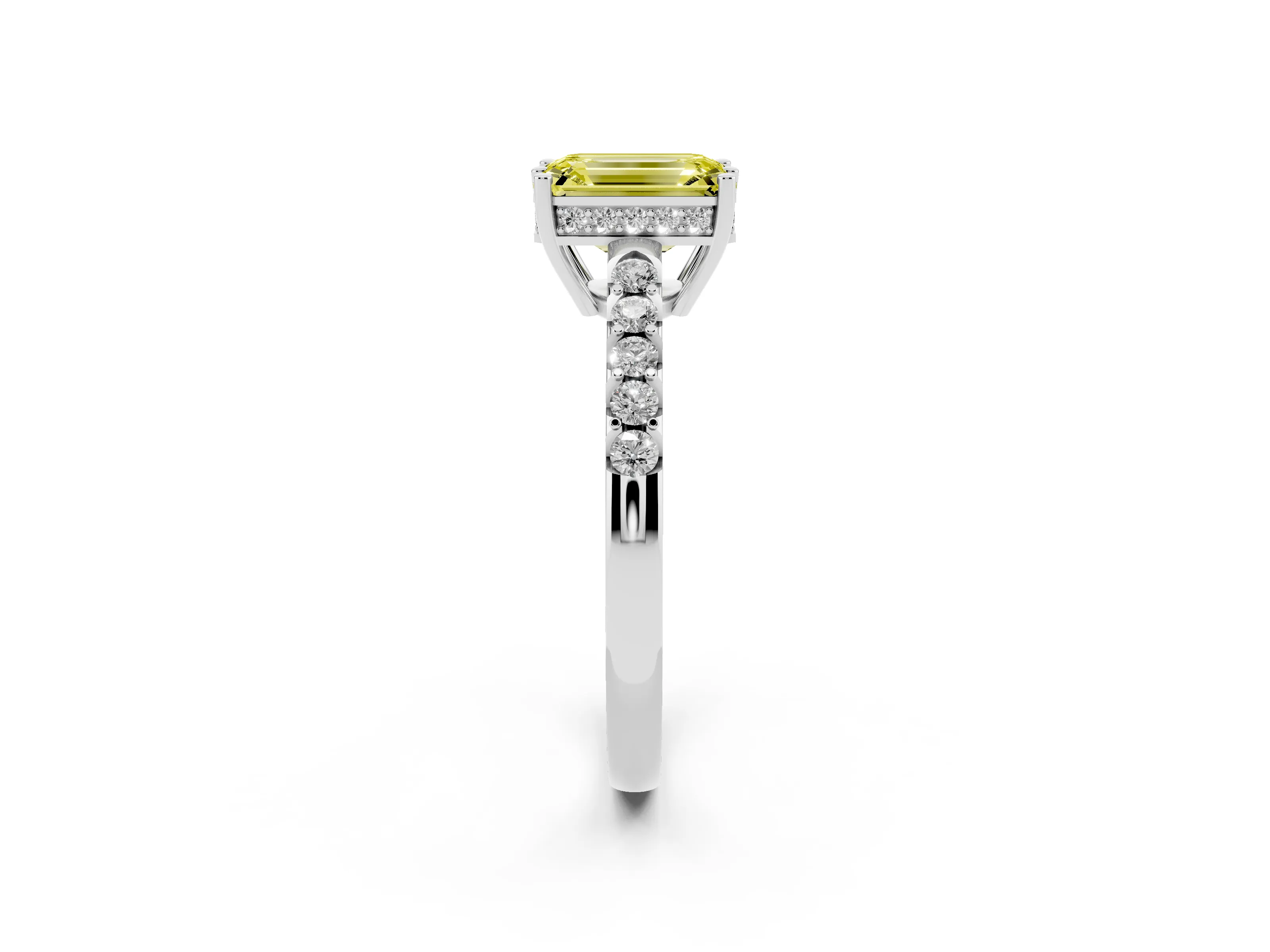 Fancy Yellow Emerald Cut Diamond Solitaire Engagement Ring Set in Silver with Pavé Band and Prong Setting