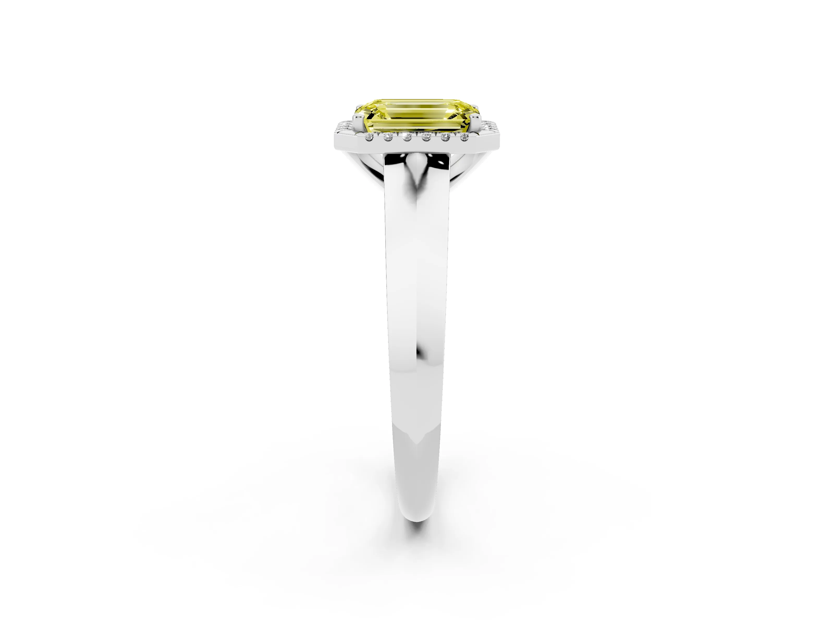Fancy Yellow Emerald Cut Diamond Halo Ring Set in White gold with Cathedral Band and Prong Setting