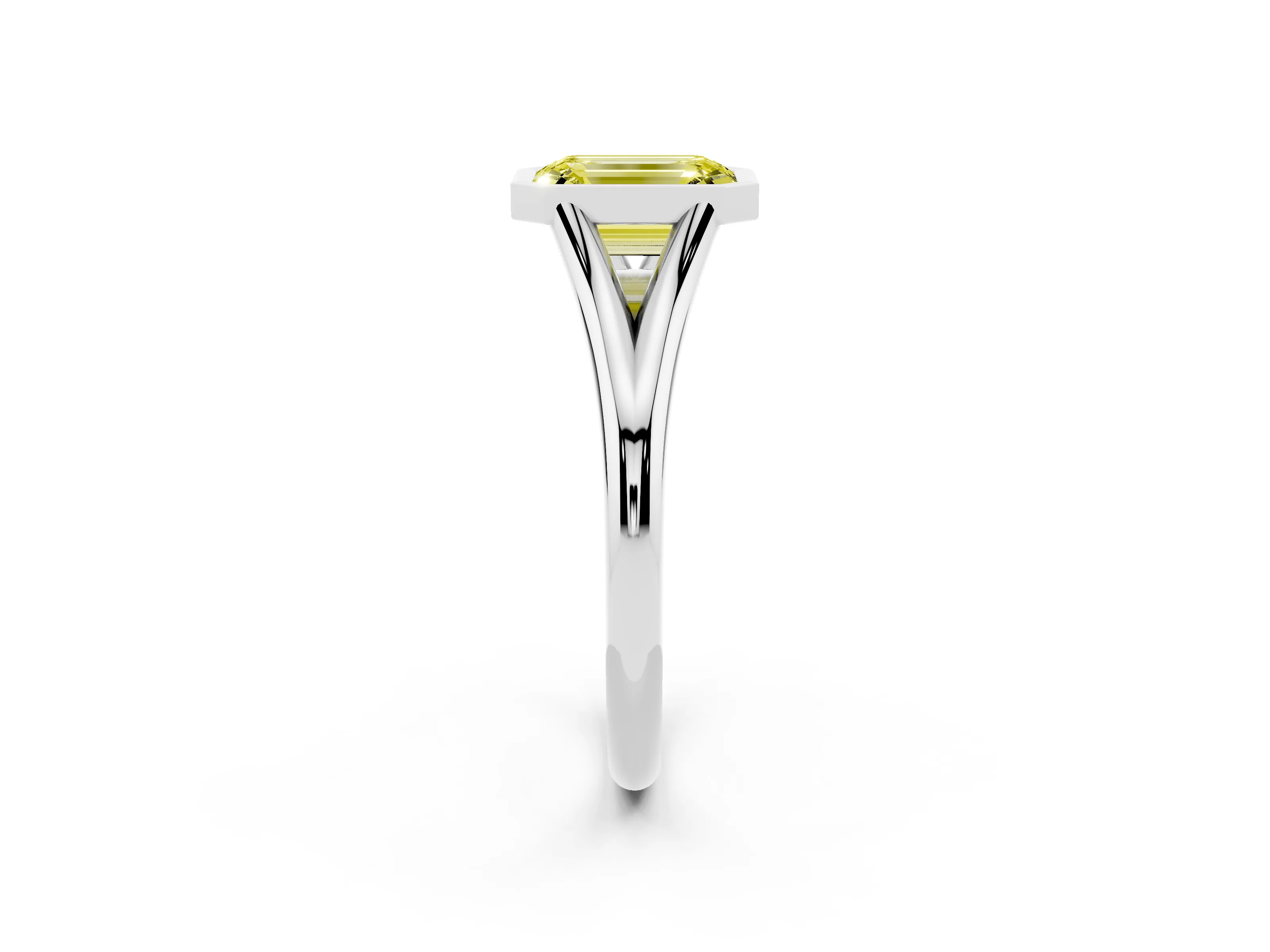 Fancy Yellow Bezel Set Emerald Cut Diamond Solitaire Ring Set in Platinum with Tapered Band