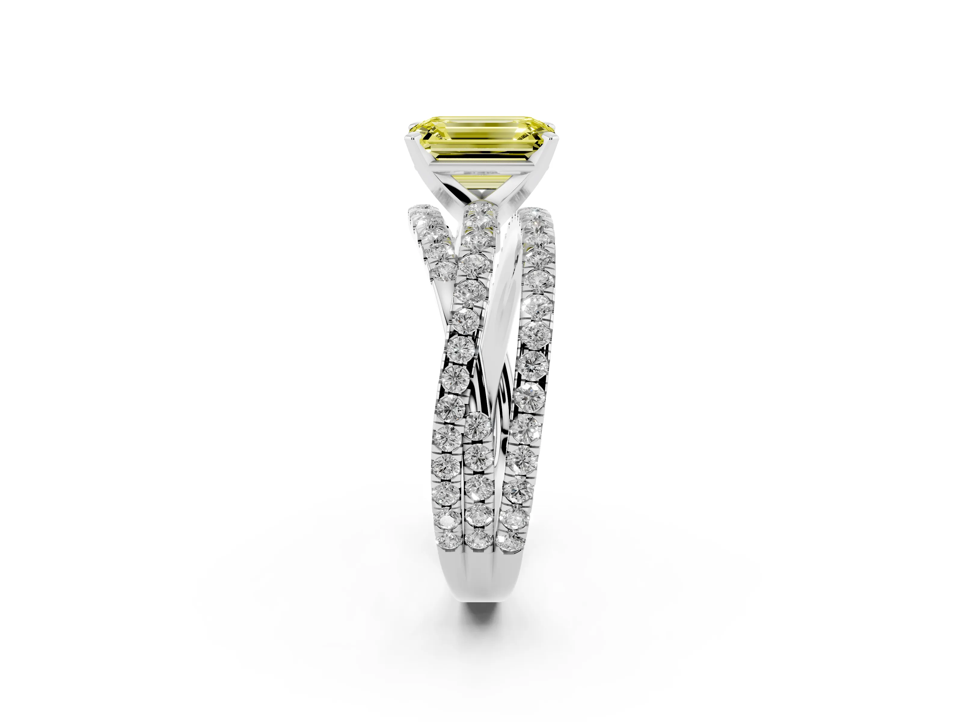 Fancy Yellow Emerald Cut Diamond Solitaire Twist Band Ring Set in Silver with Pavé Setting and Prong Head