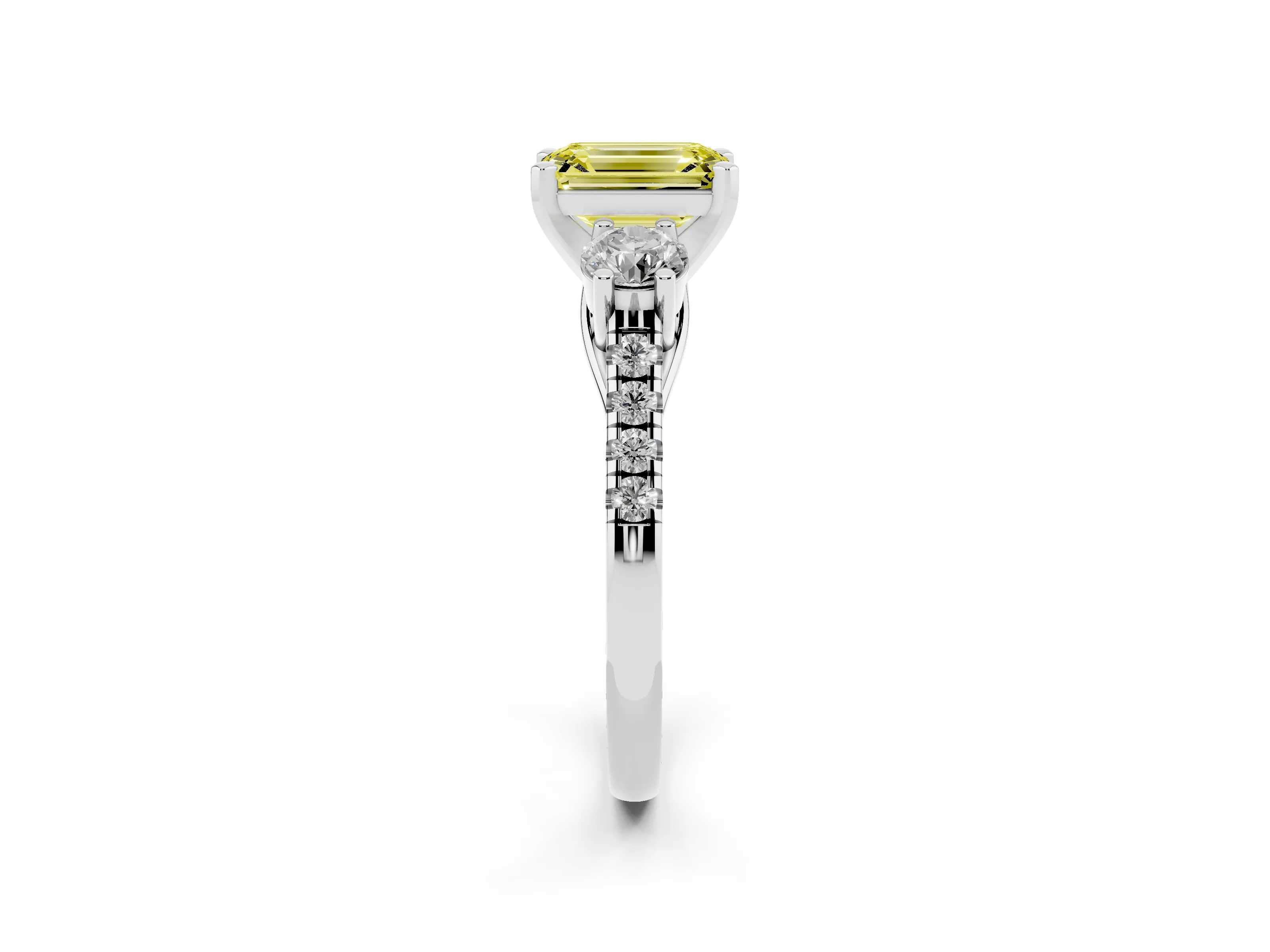 Fancy Yellow Three-Stone Emerald Cut Diamond Pavé Band Ring Set in White gold with Prong-Set Trio