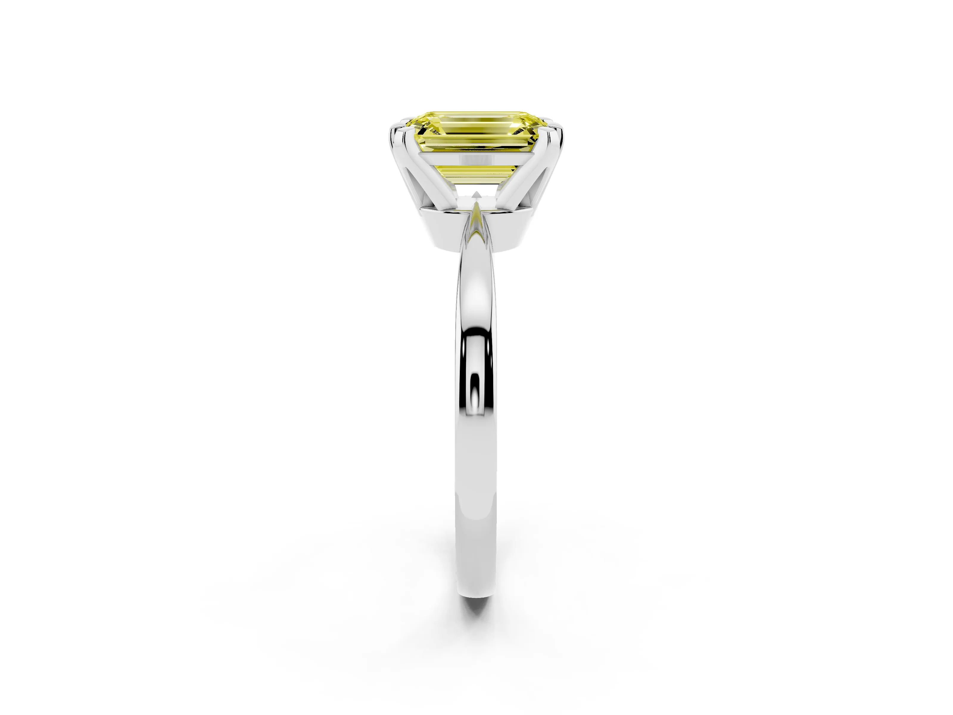 Fancy Yellow Emerald Cut Diamond Solitaire Engagement Ring Set in White gold with Slim Tapered Solitaire Band