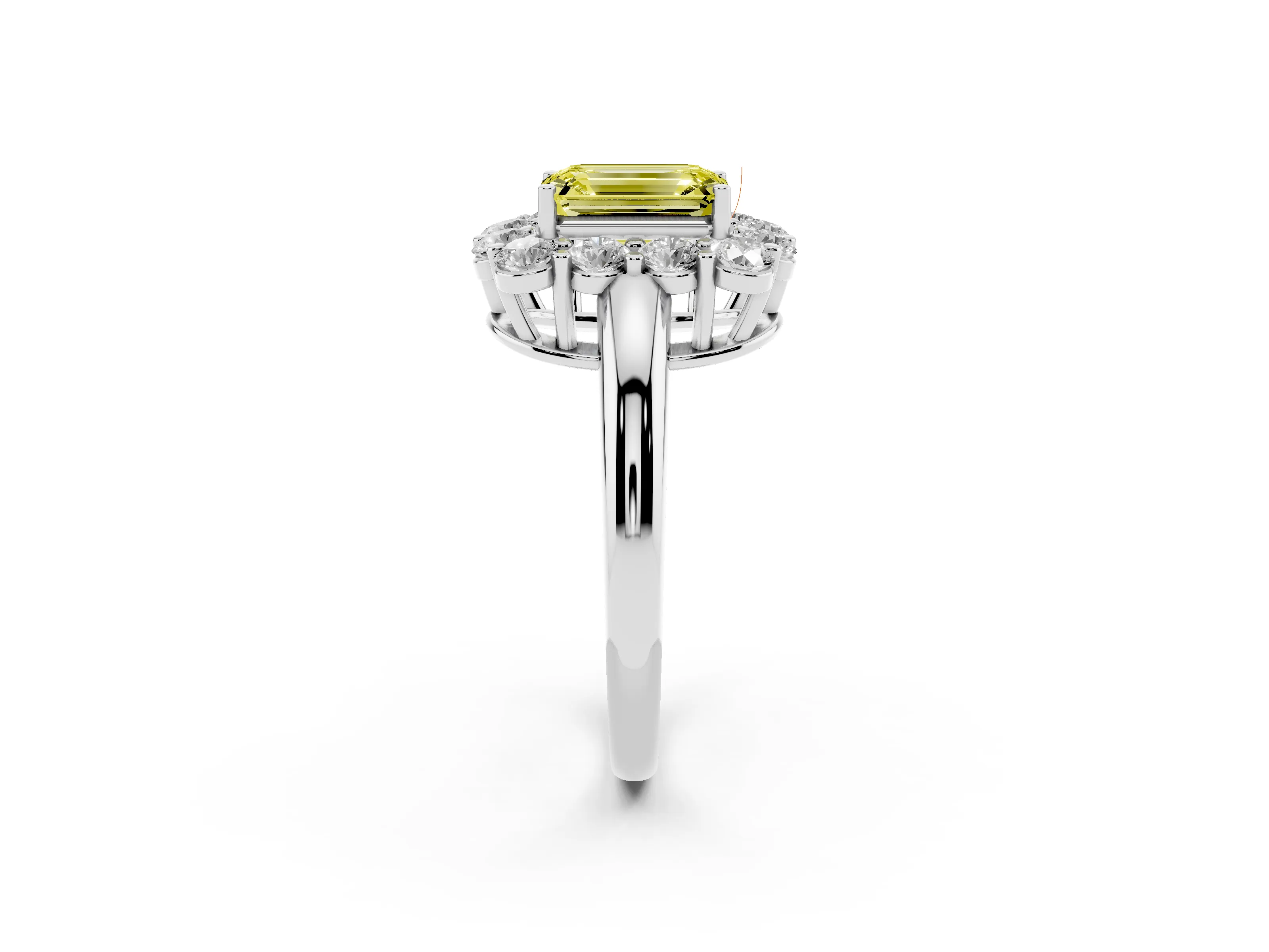 Fancy Yellow Emerald Cut Diamond Halo Cluster Engagement Ring Set in White gold with Polished Band and Prong Setting