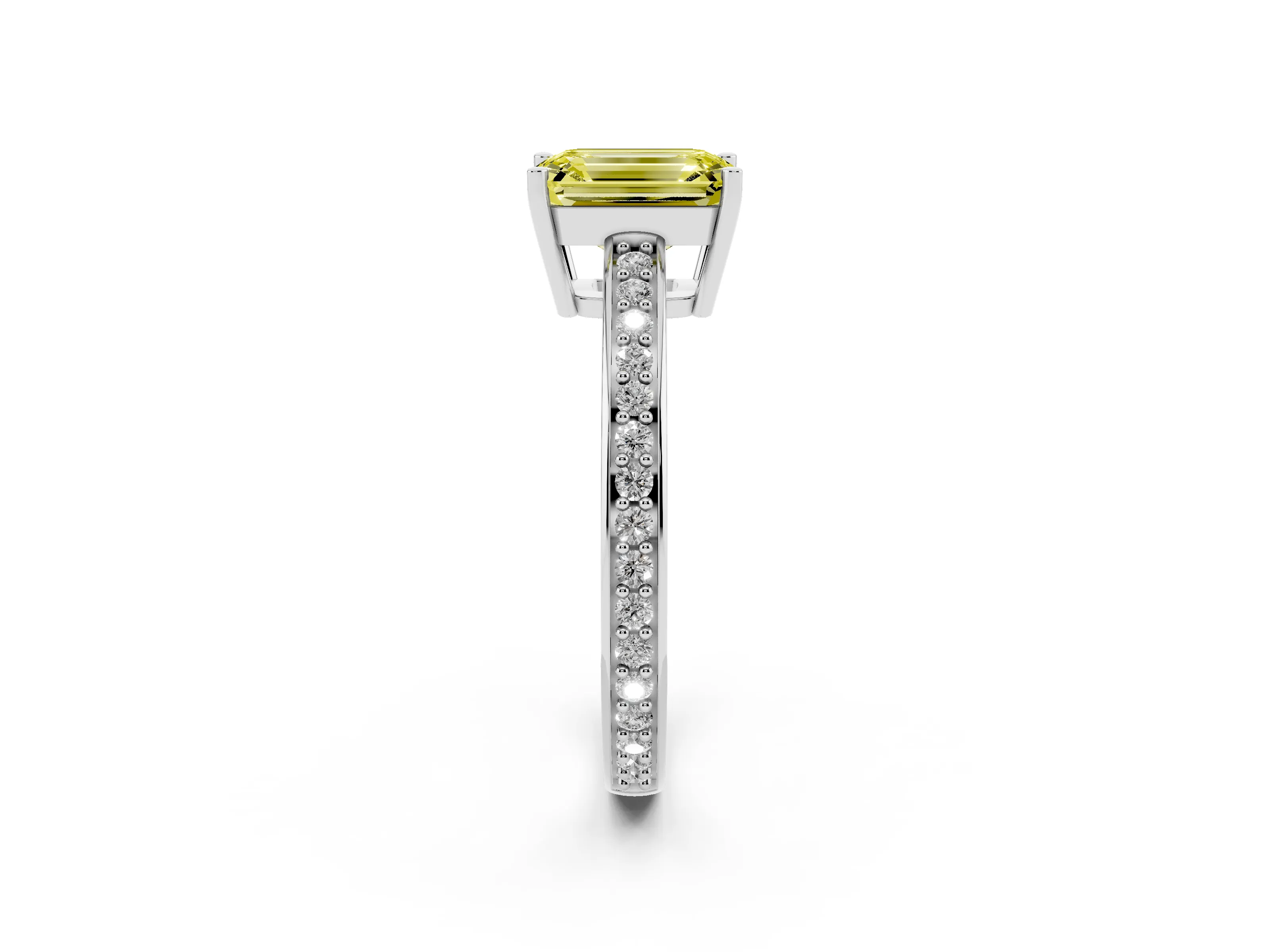 Fancy Yellow Emerald Cut Diamond Pavé Band Prong Set Solitaire Ring Set in White gold