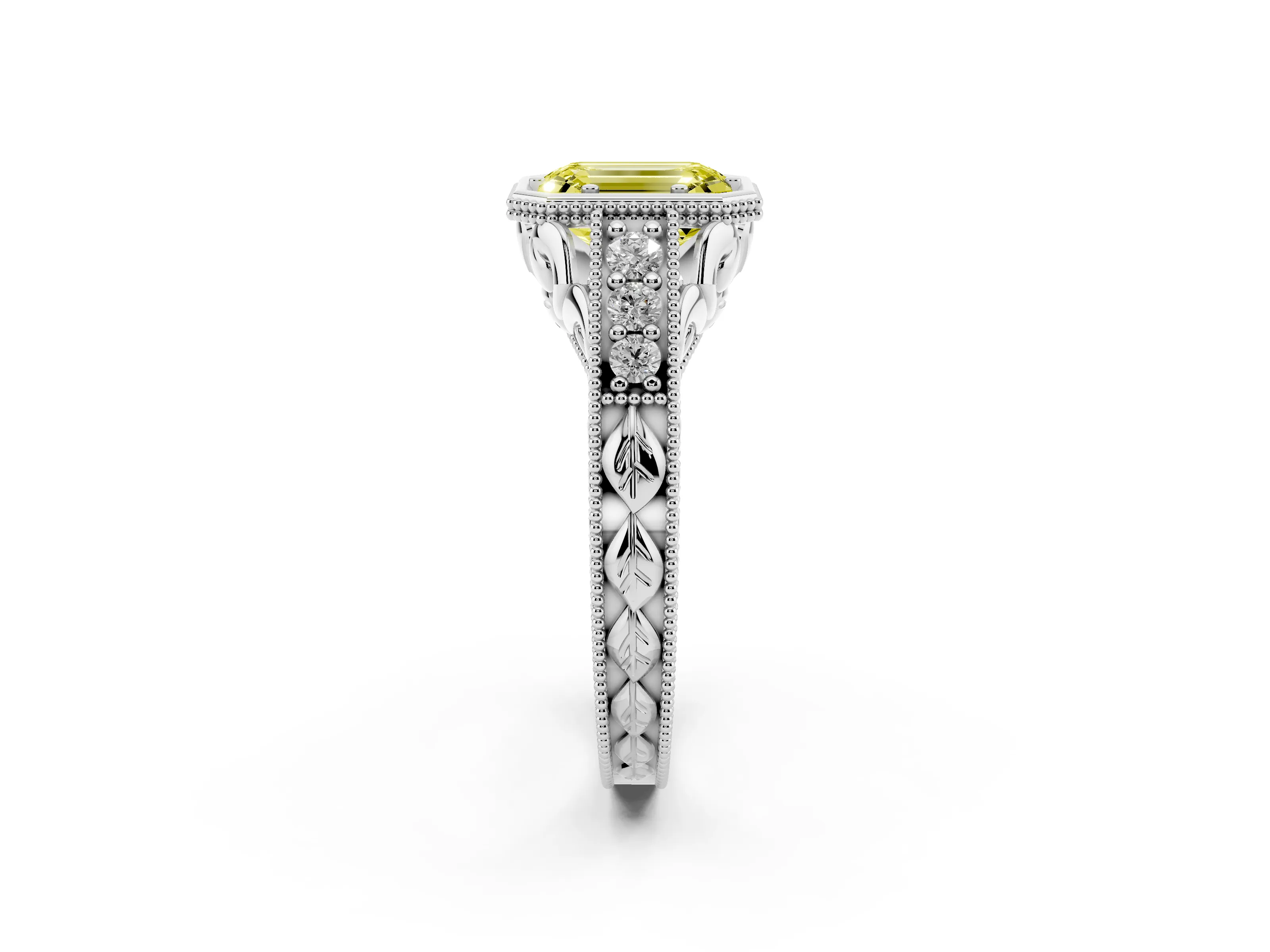 Fancy Yellow Bezel Set Emerald Cut Diamond Milgrain Pavé Engagement Ring Set in Silver