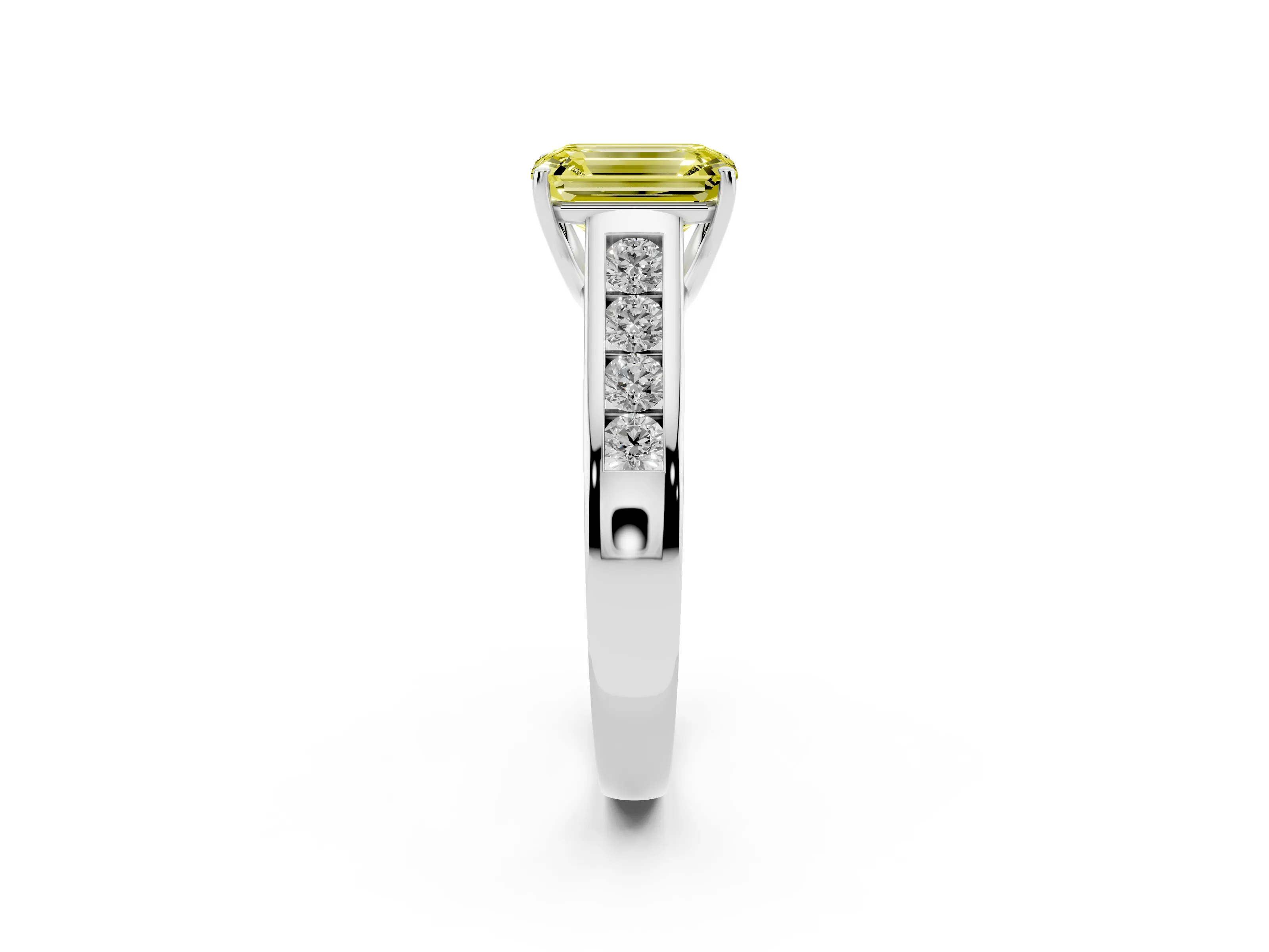 Fancy Yellow Emerald Cut Diamond Solitaire Channel-Set Engagement Ring Set in White gold with Prong Setting