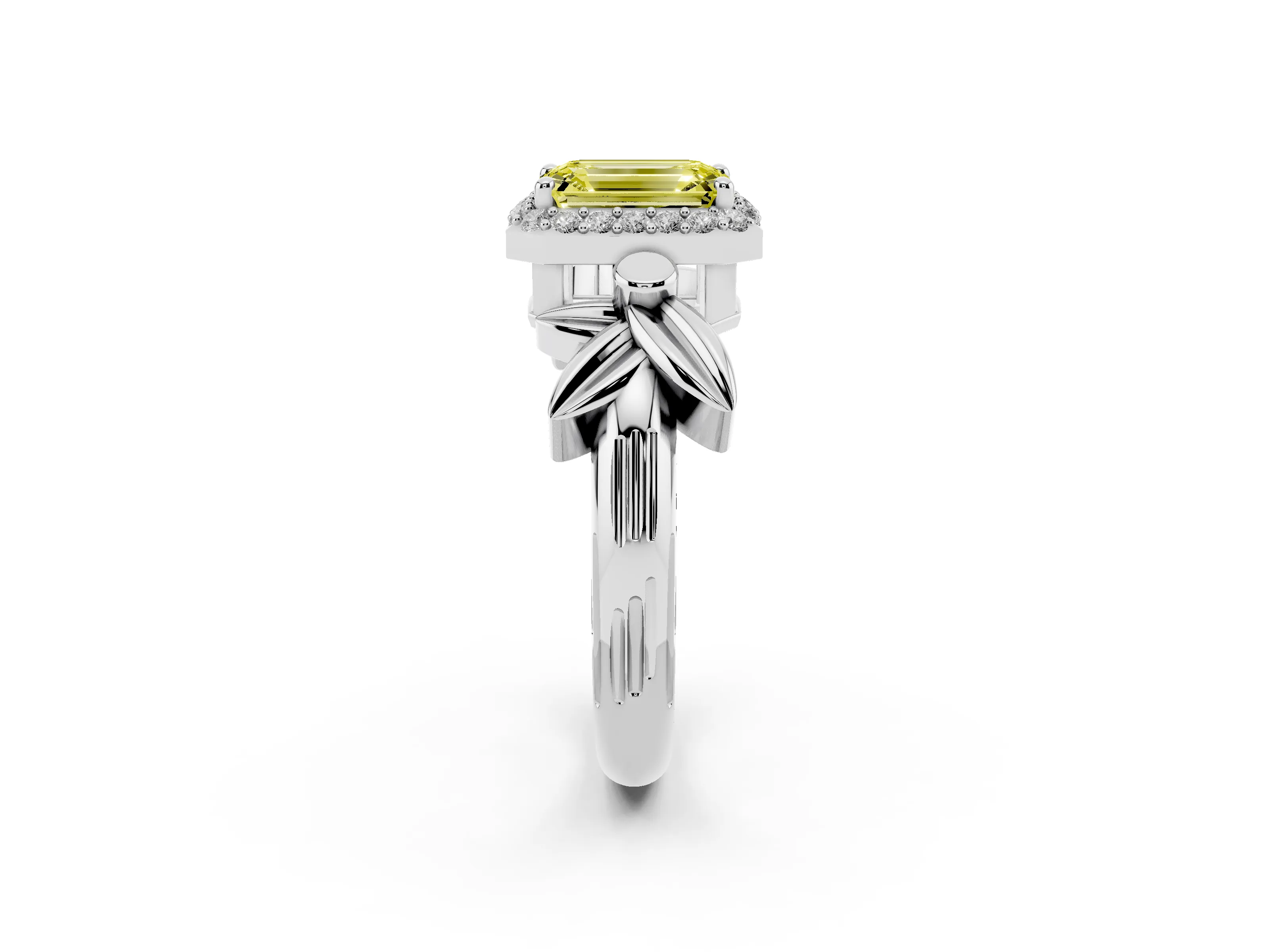 Fancy Yellow Emerald Cut Diamond Halo Floral Band Ring Set in Platinum with Prong Setting