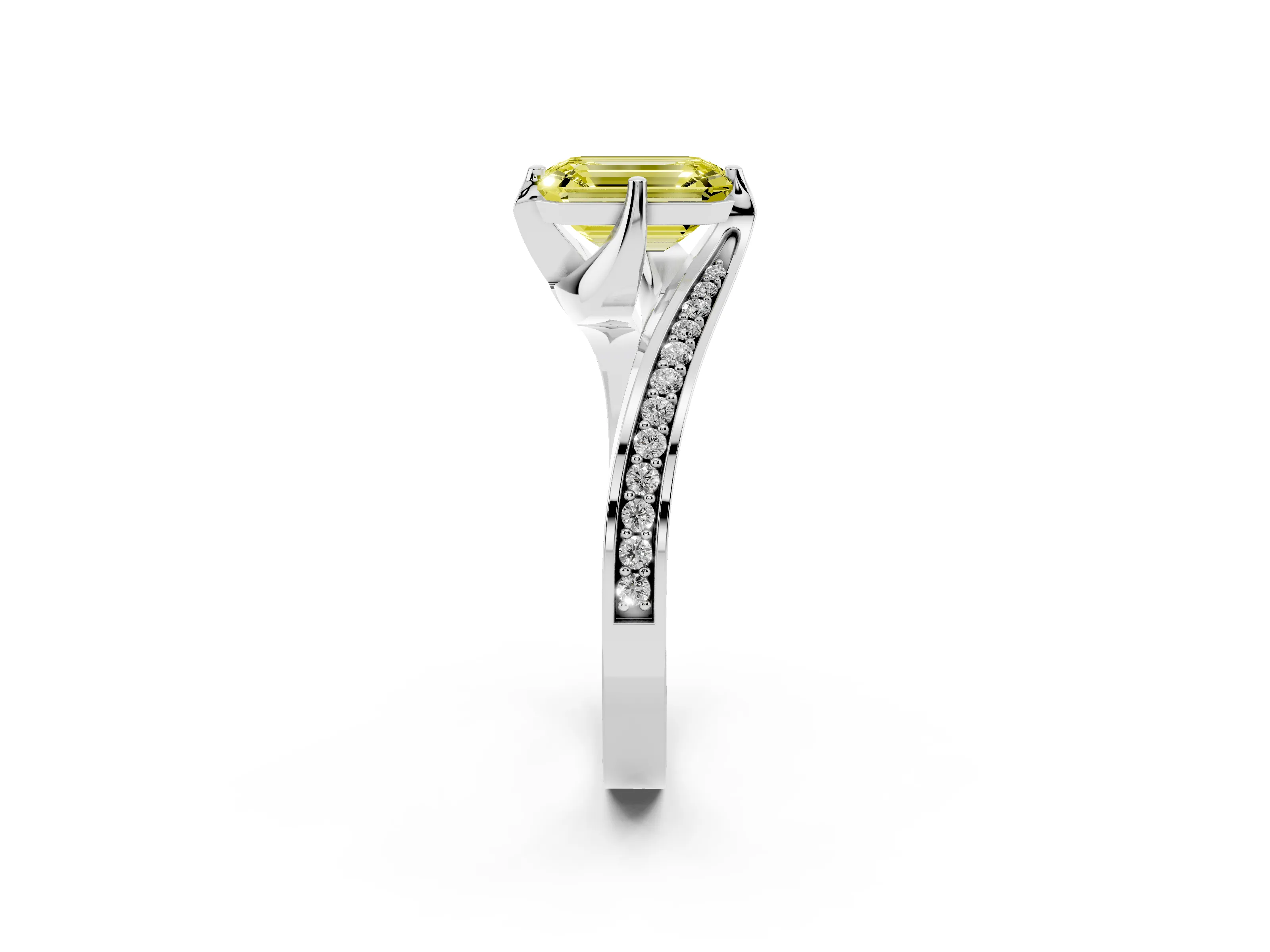 Fancy Yellow Emerald Cut Diamond Solitaire Ring Set in Silver with Intertwined Pavé Twist Band