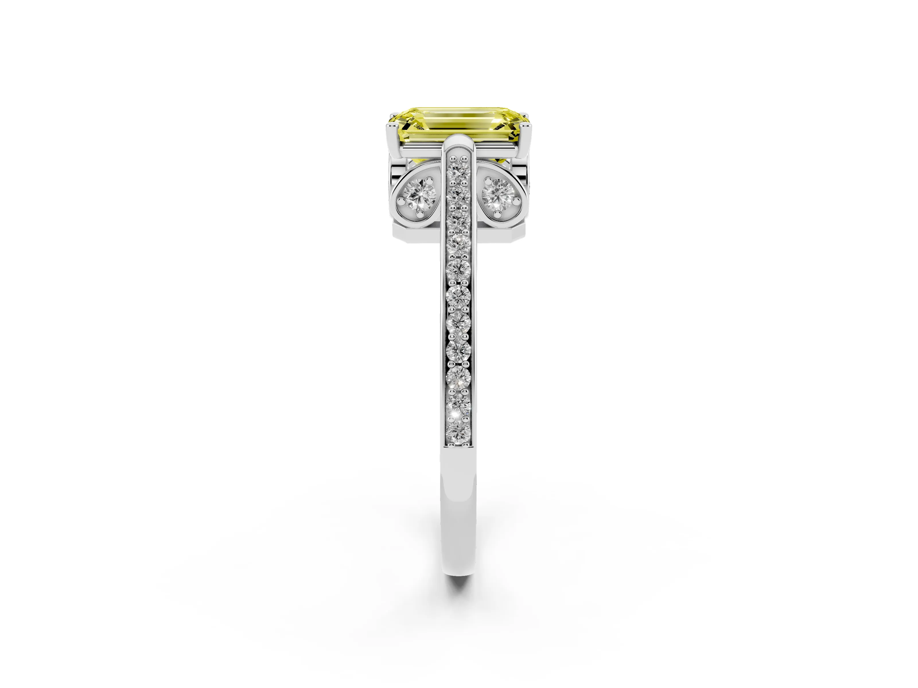 Fancy Yellow Emerald Cut Diamond Cathedral Pavé Engagement Ring Set in Silver with Prong Setting