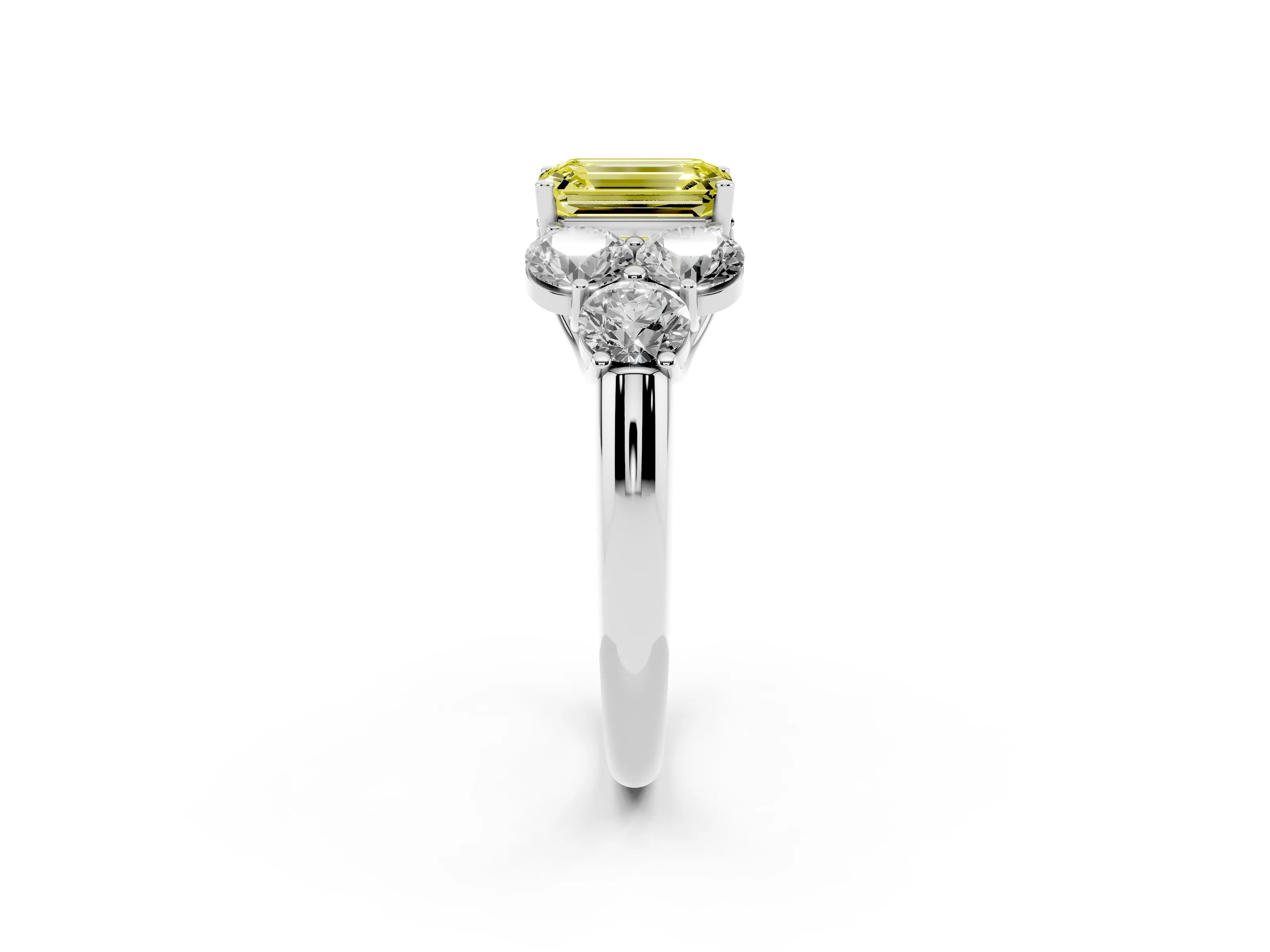 Fancy Yellow Emerald Cut Diamond Cluster Ring Set in White gold with Round Accent Stones and Prong Setting on a Plain Band