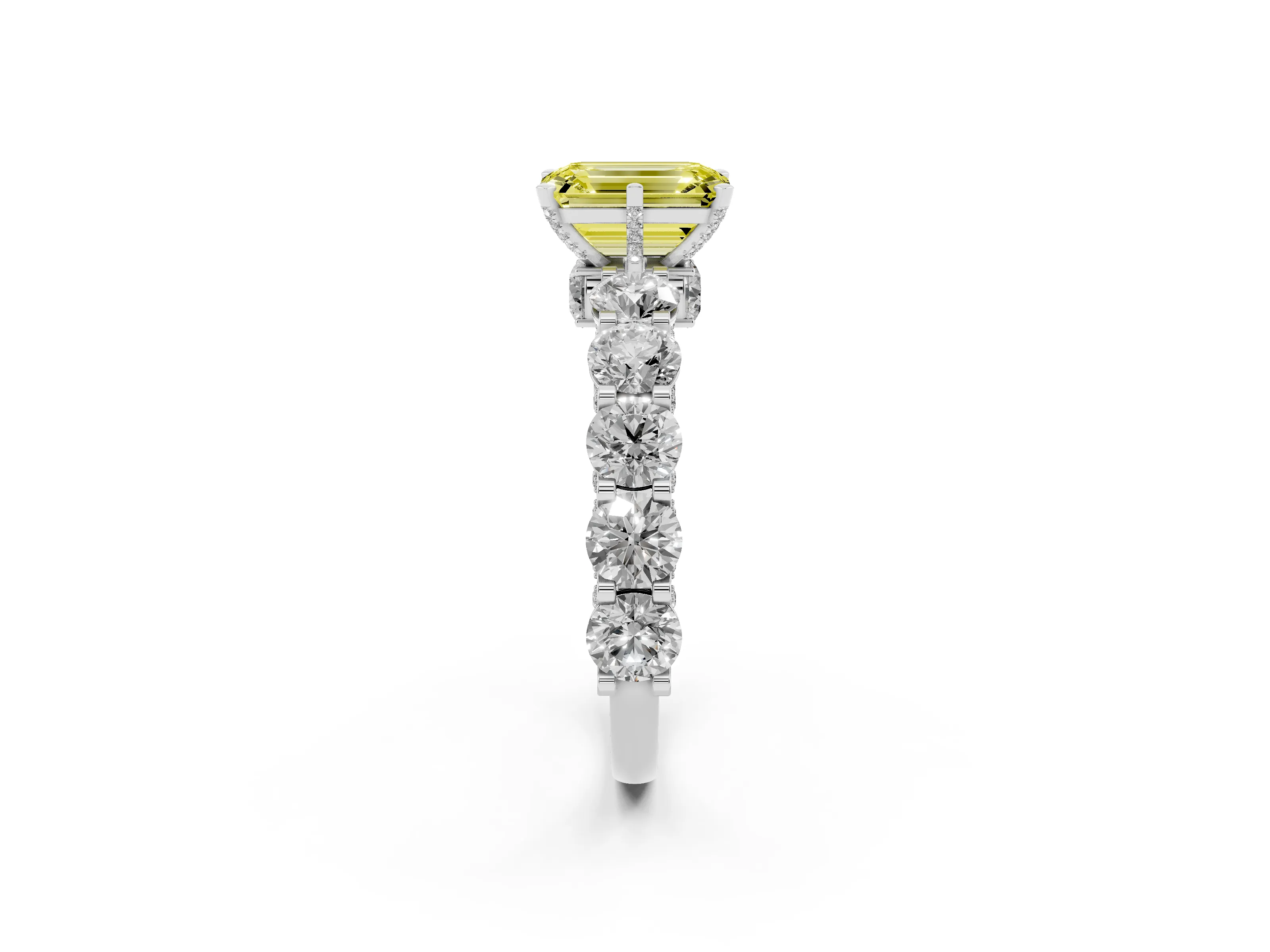 Fancy Yellow Emerald Cut Diamond Side Stone Ring Set in White gold with Alternating Round and Oval Side Stones