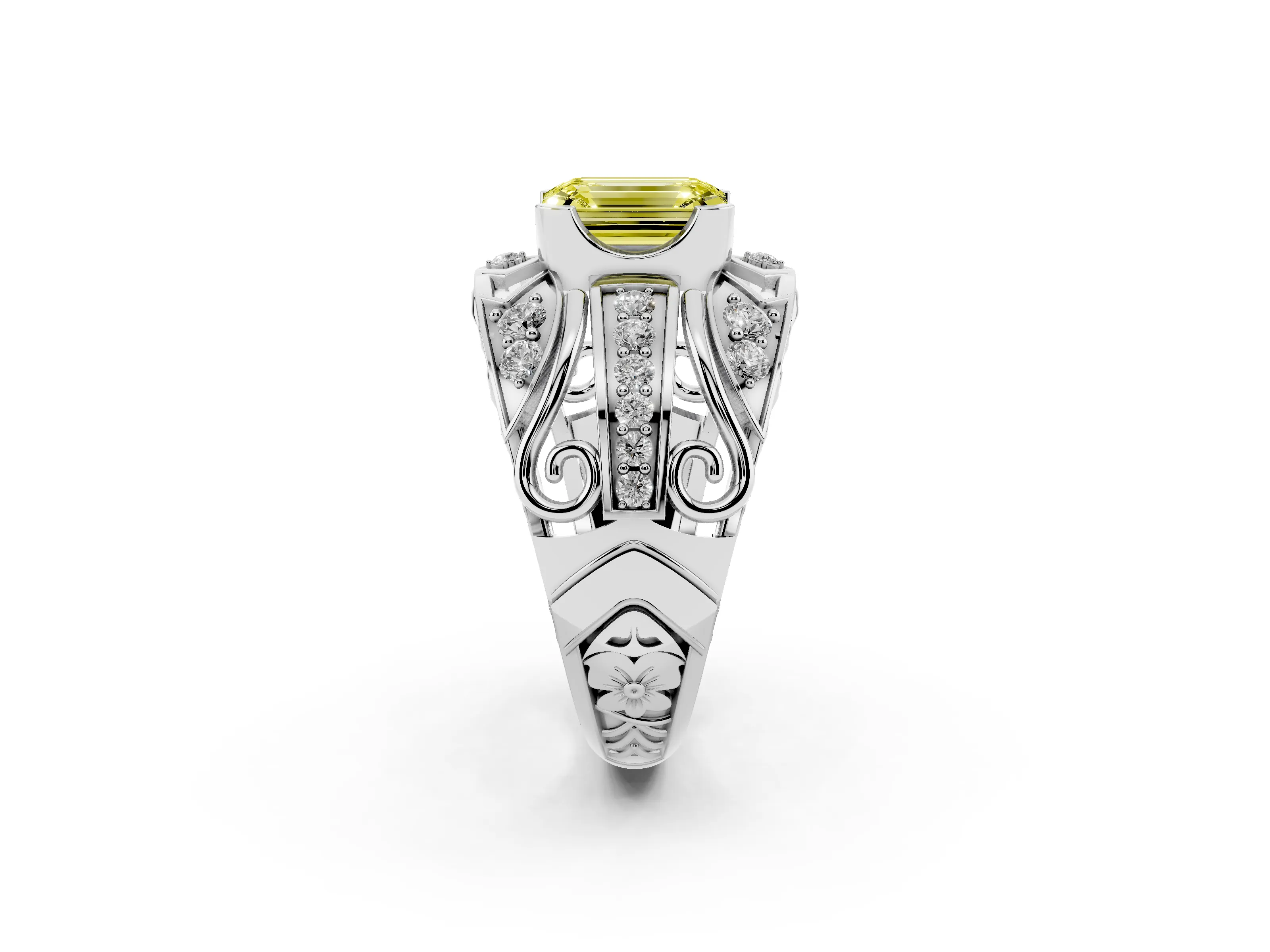 Fancy Yellow Emerald Cut Diamond Art Deco Ring Set in Platinum with Pavé Split Shank