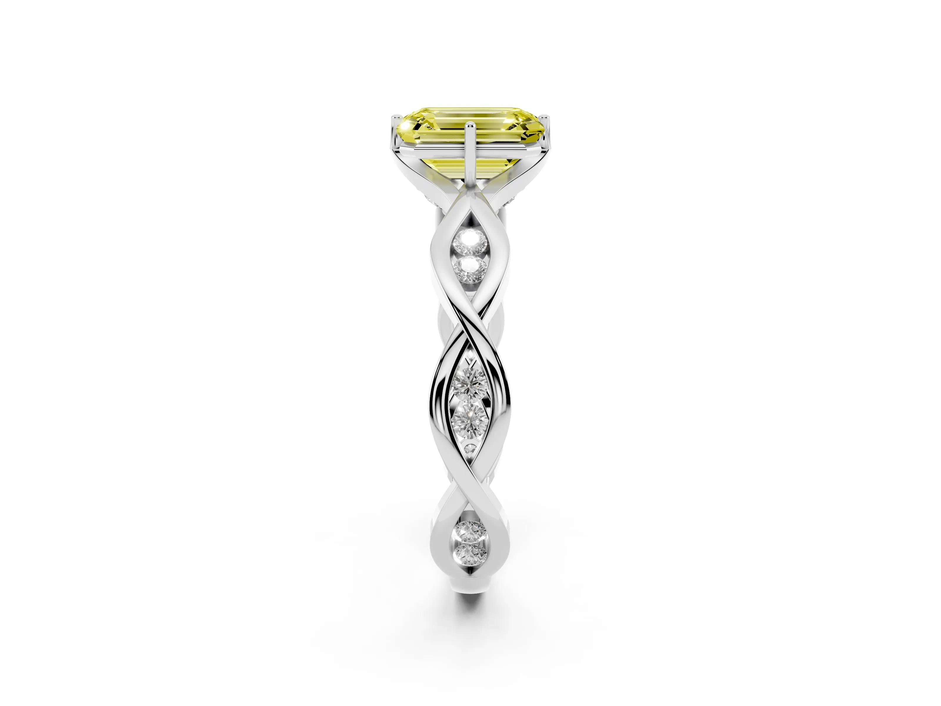 Fancy Yellow Emerald Cut Diamond Twist Band Solitaire Ring Set in Platinum with Leaf Prong Setting and Accent Stones