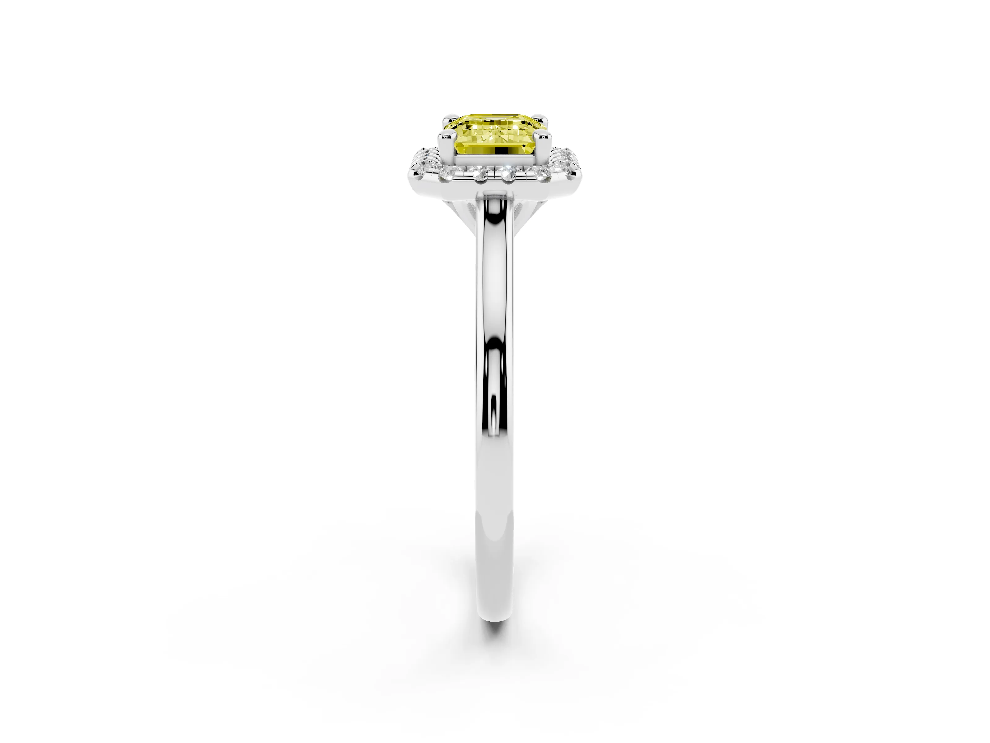 Fancy Yellow Emerald Cut Diamond Halo Engagement Ring Set in White gold with Pavé Band and Rising Shoulders