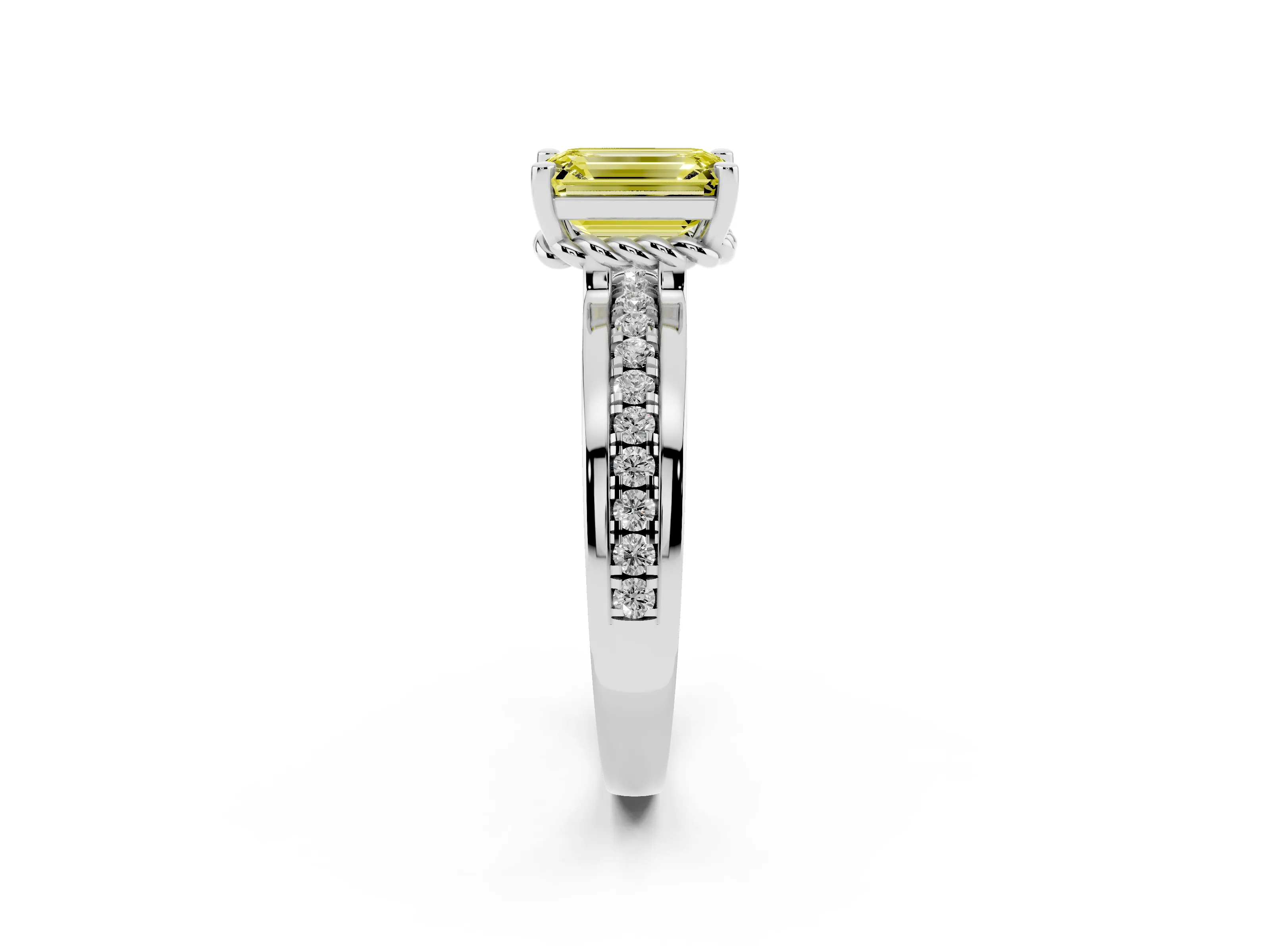 Fancy Yellow Emerald Cut Diamond Solitaire Ring Set in Silver with Channel Set Band and Prong Setting