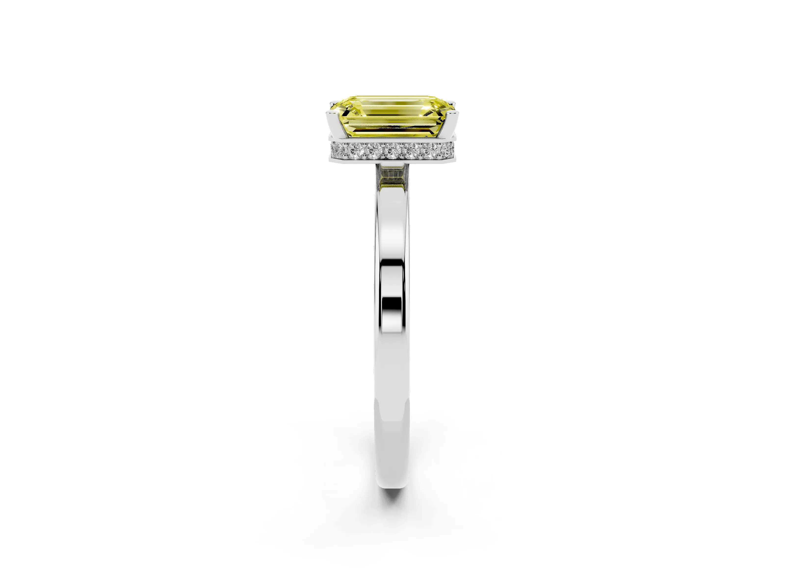 Fancy Yellow Emerald Cut Diamond Solitaire Engagement Ring Set in Platinum with Prong Setting on a Plain Band