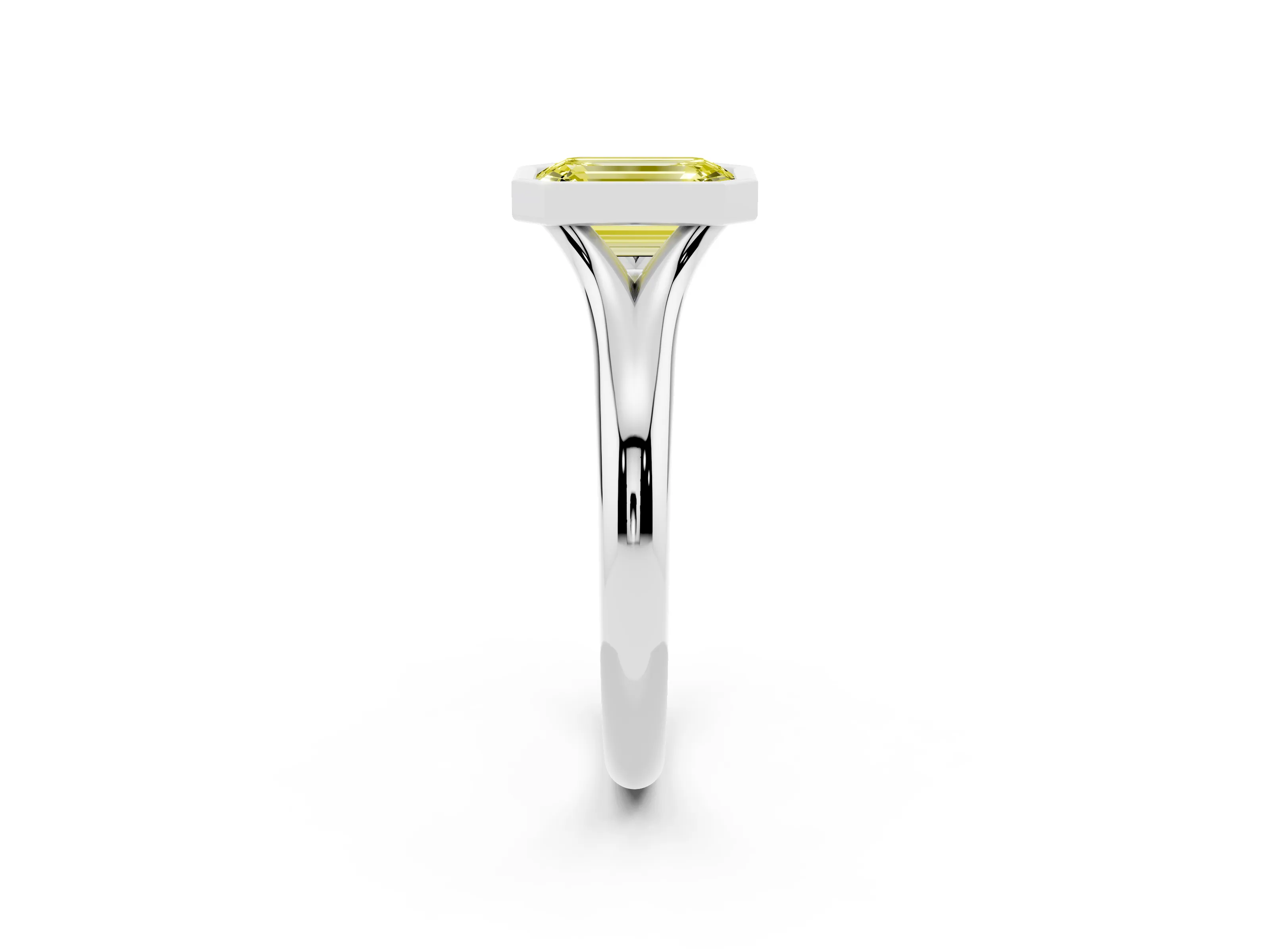 Fancy Yellow Bezel Set Emerald Cut Diamond Solitaire Ring Set in White gold with Smooth Band