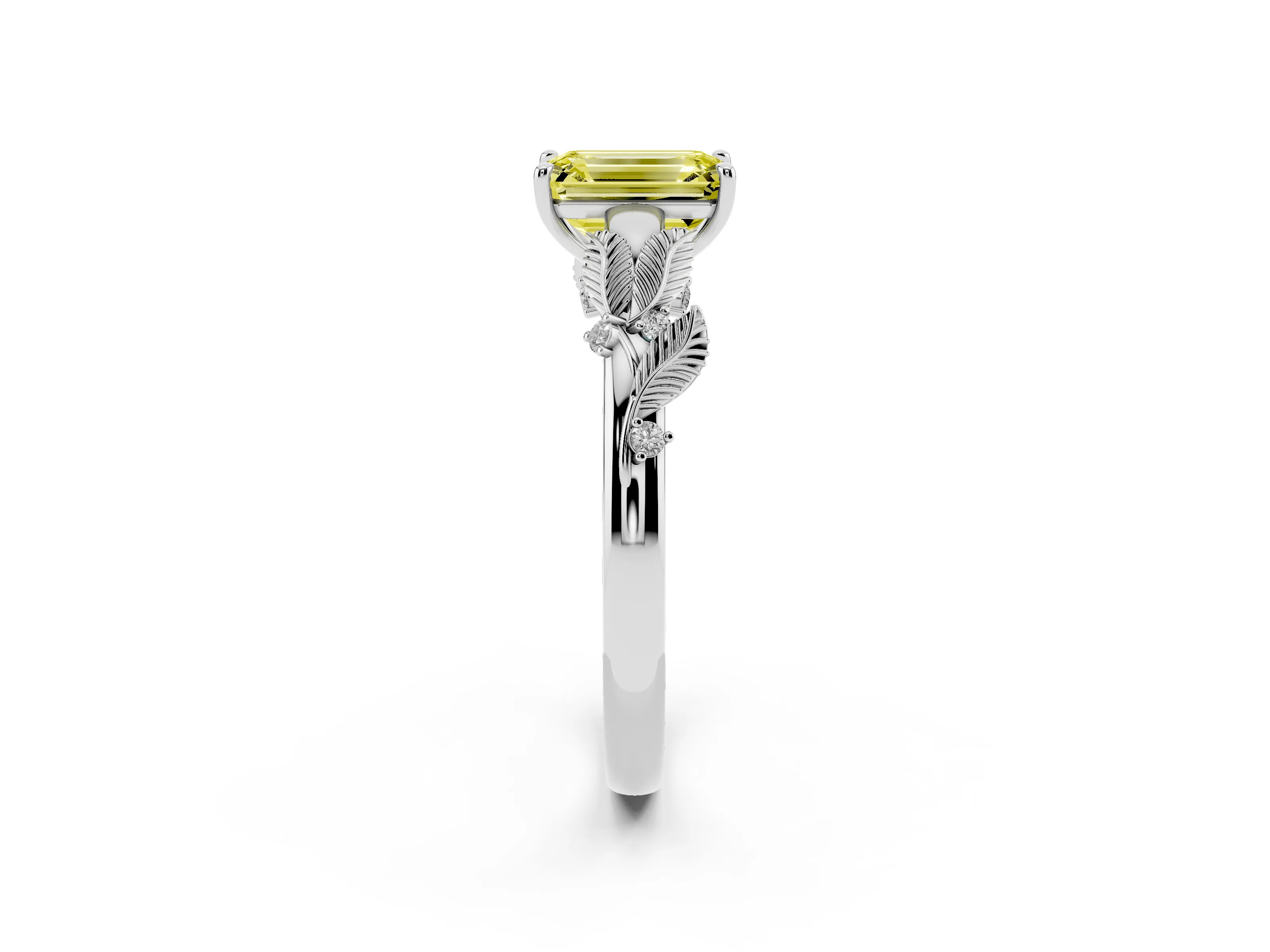Fancy Yellow Emerald Cut Diamond Solitaire Ring Set in Silver with Leaf Motif Band