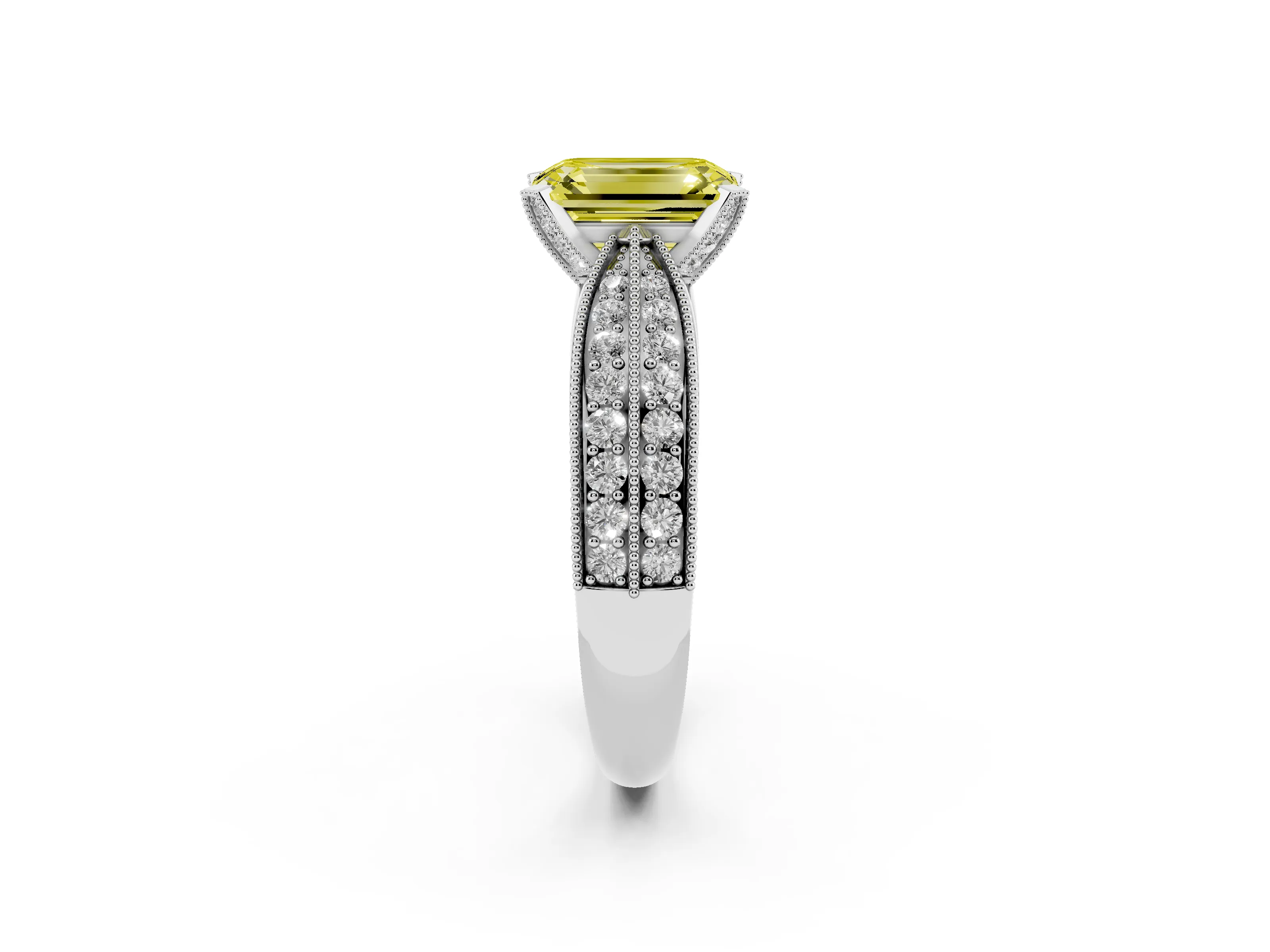 Fancy Yellow Emerald Cut Diamond Solitaire Ring Set in Platinum with Milgrain Double Row Round Pavé Band