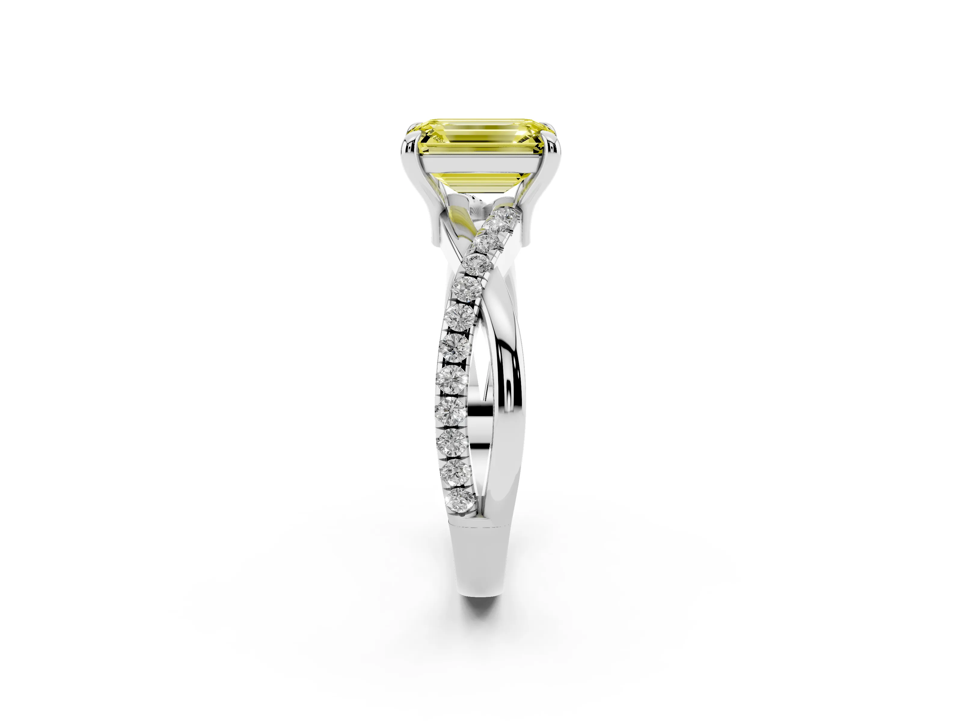 Fancy Yellow Emerald Cut Diamond Twist Band Solitaire Set in White gold with Pavé Accents and Prong Setting