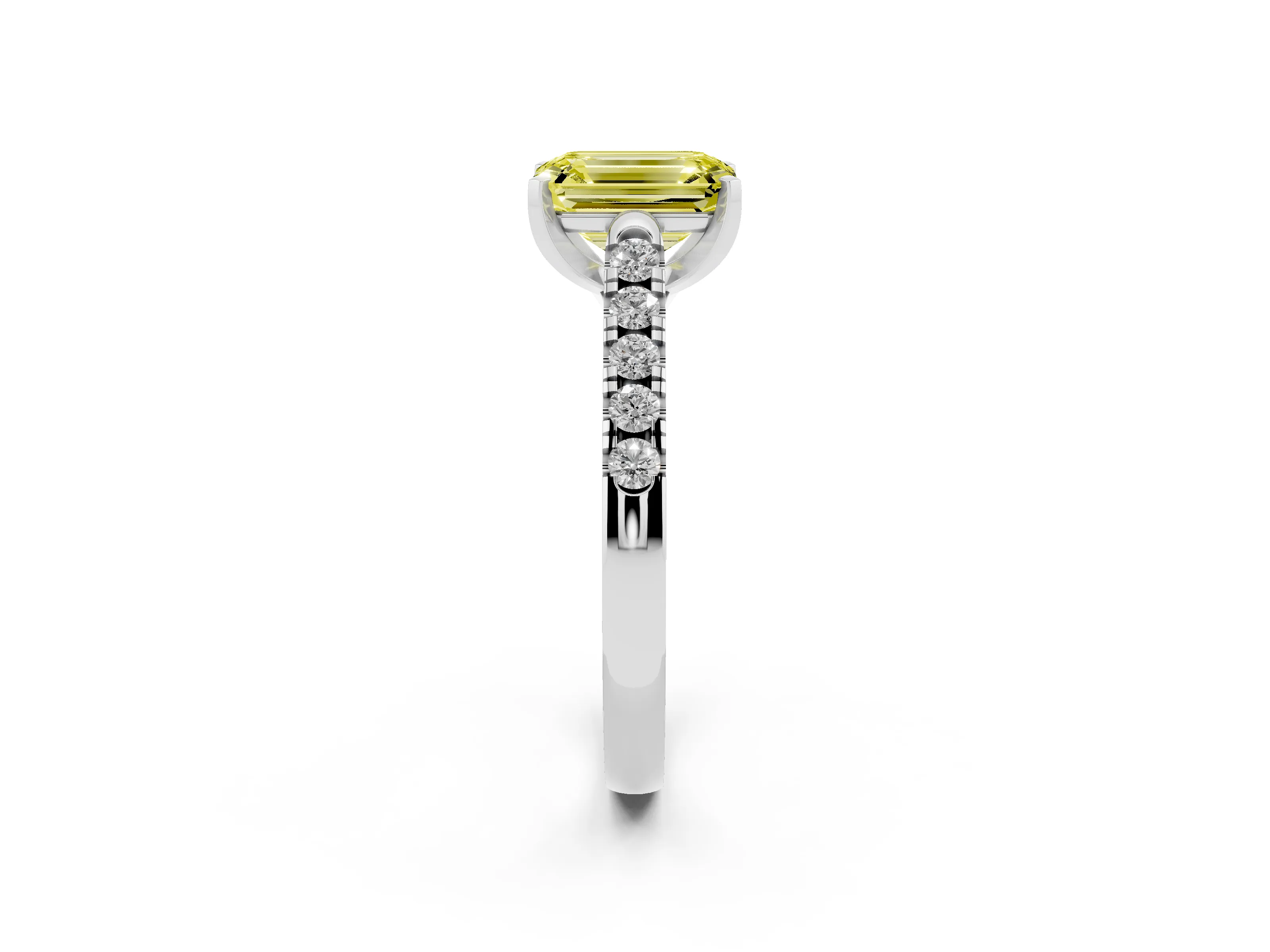 Fancy Yellow Emerald Cut Diamond Pavé Band Solitaire Ring Set in White gold with Partway Accent Stones and Prong Setting