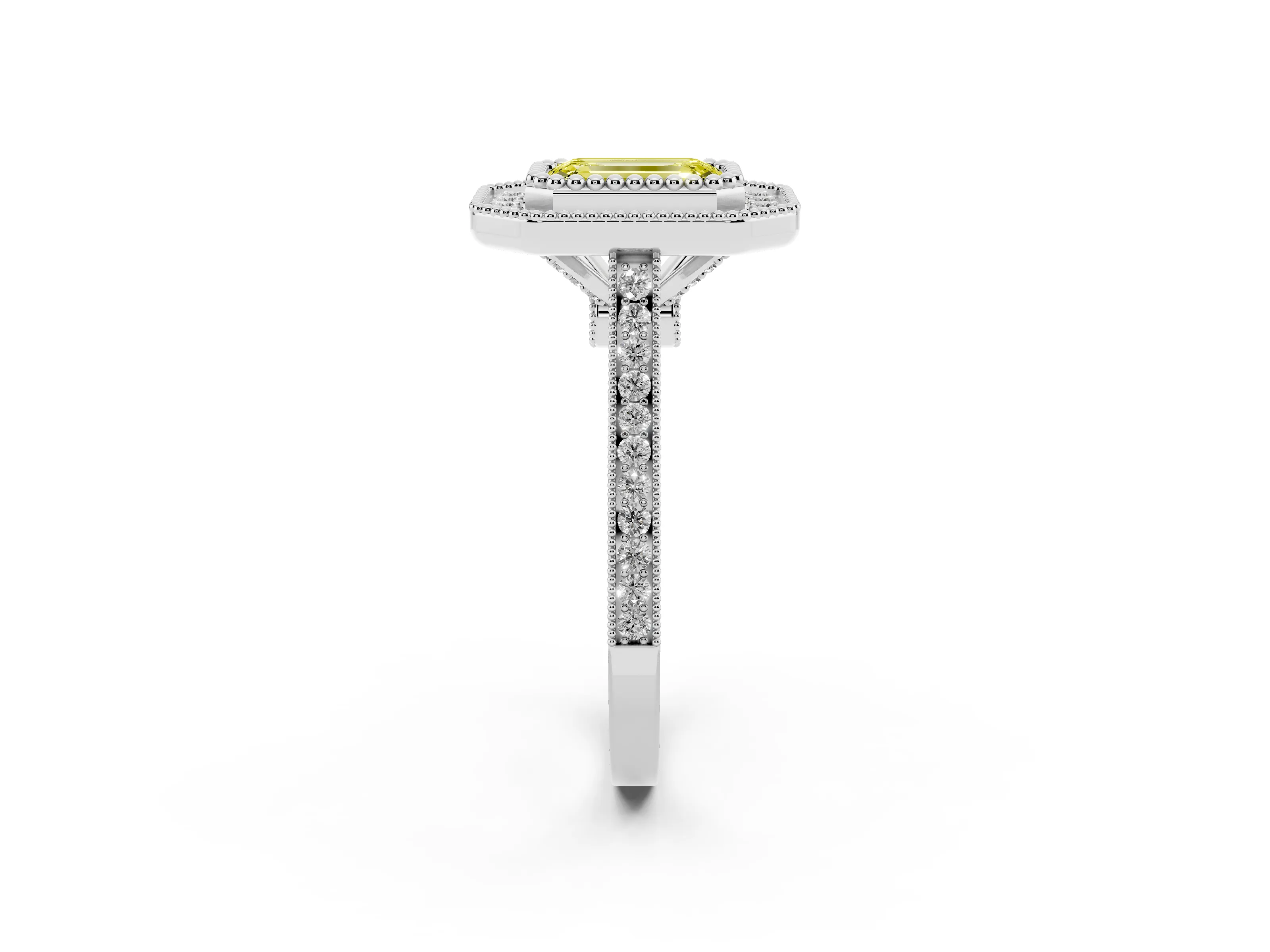 Fancy Yellow Emerald Cut Diamond Halo Ring Set in White gold with Milgrain Frame and Pavé Band