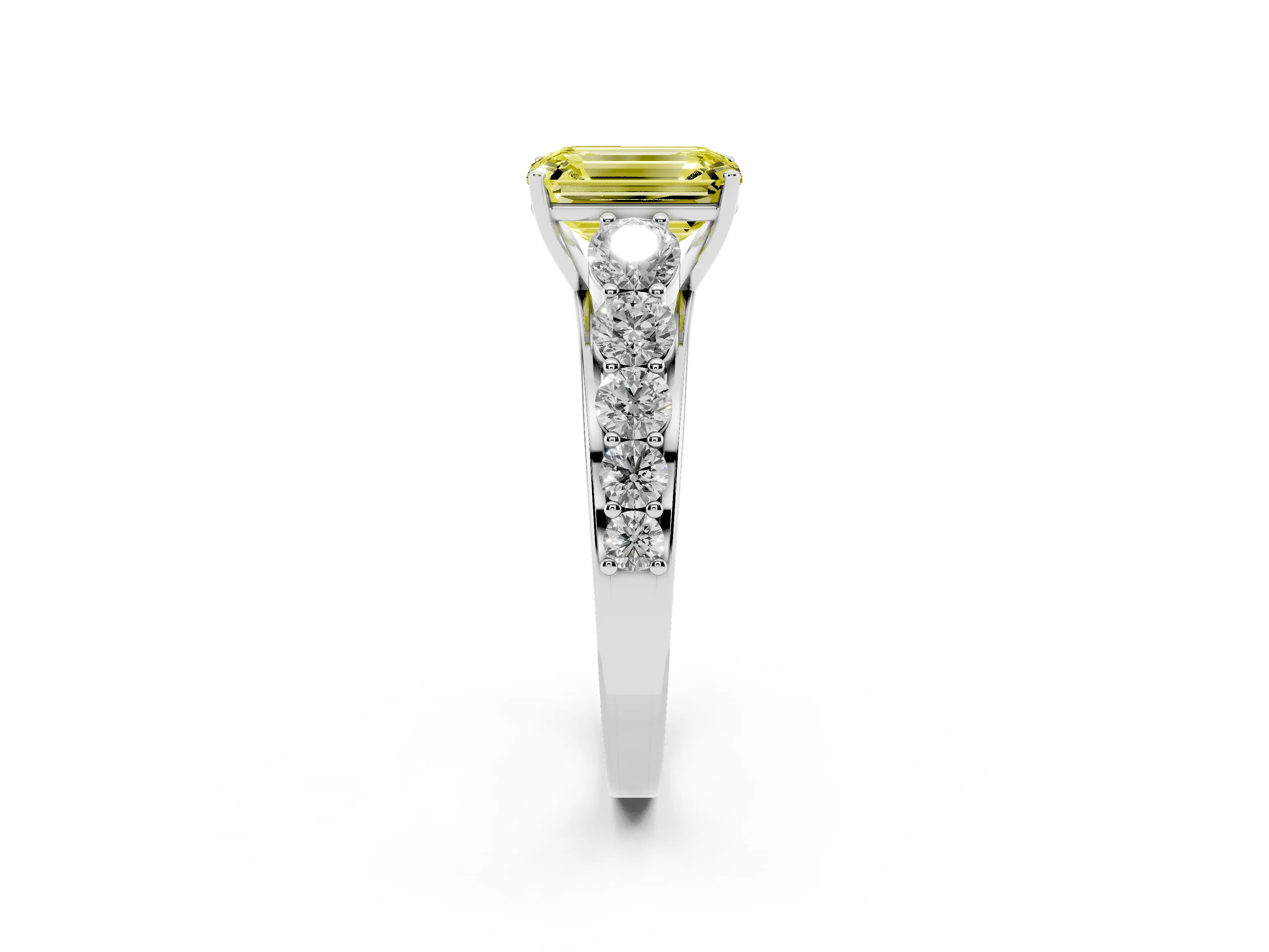 Fancy Yellow Emerald Cut Diamond Solitaire Ring Set in Platinum with Pavé-Set Band and Prong Setting