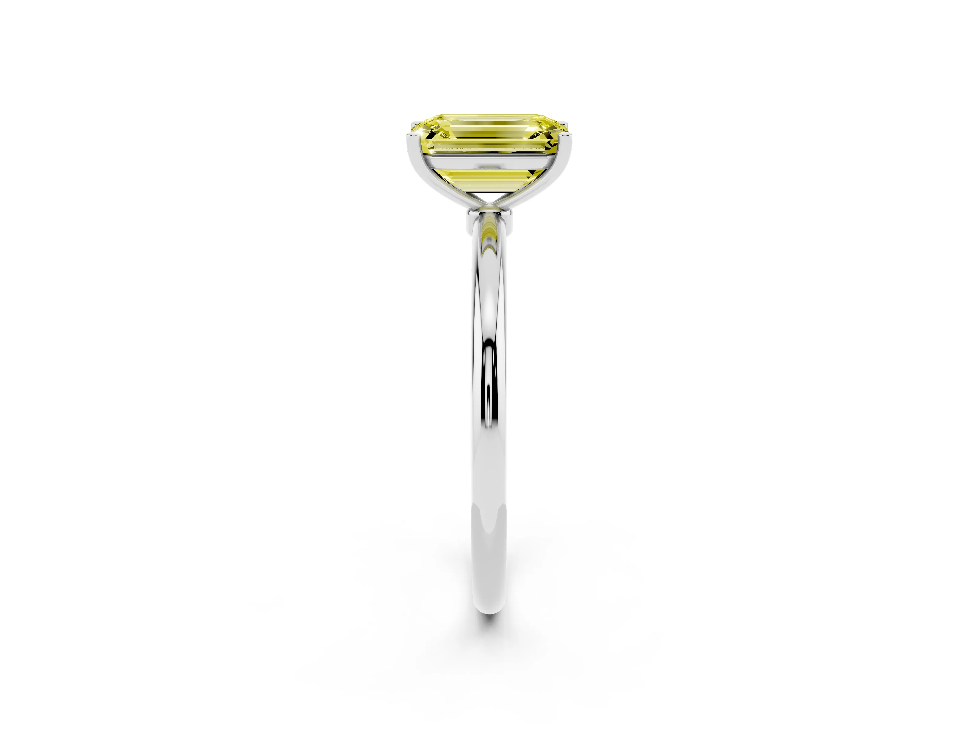 Fancy Yellow Emerald Cut Diamond Solitaire Engagement Ring Set in Platinum with Thin Band and Prong Setting