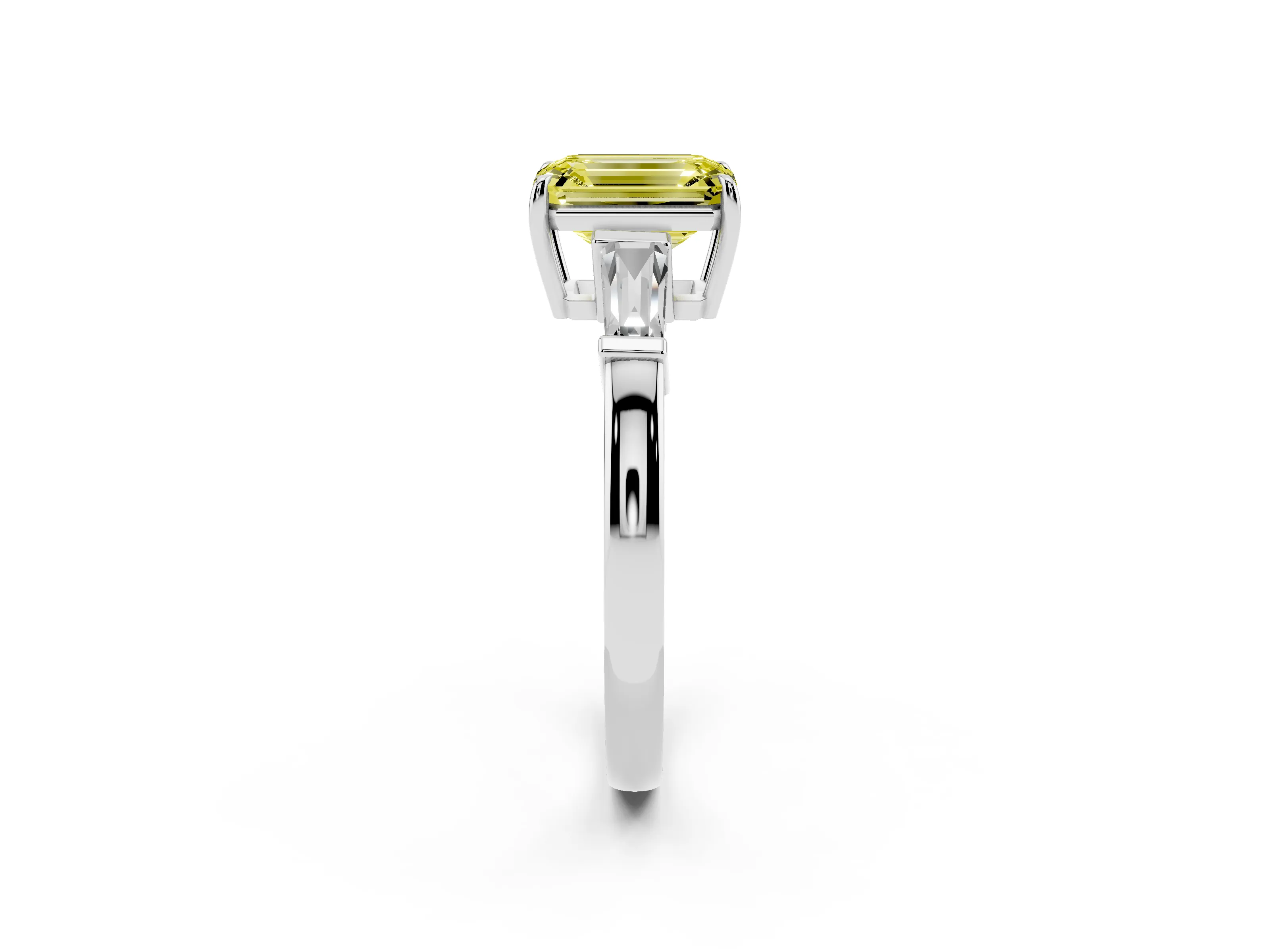 Fancy Yellow Emerald Cut Diamond Three-Stone Ring Set in Platinum with Tapered Baguette Side Stones and Prong Setting