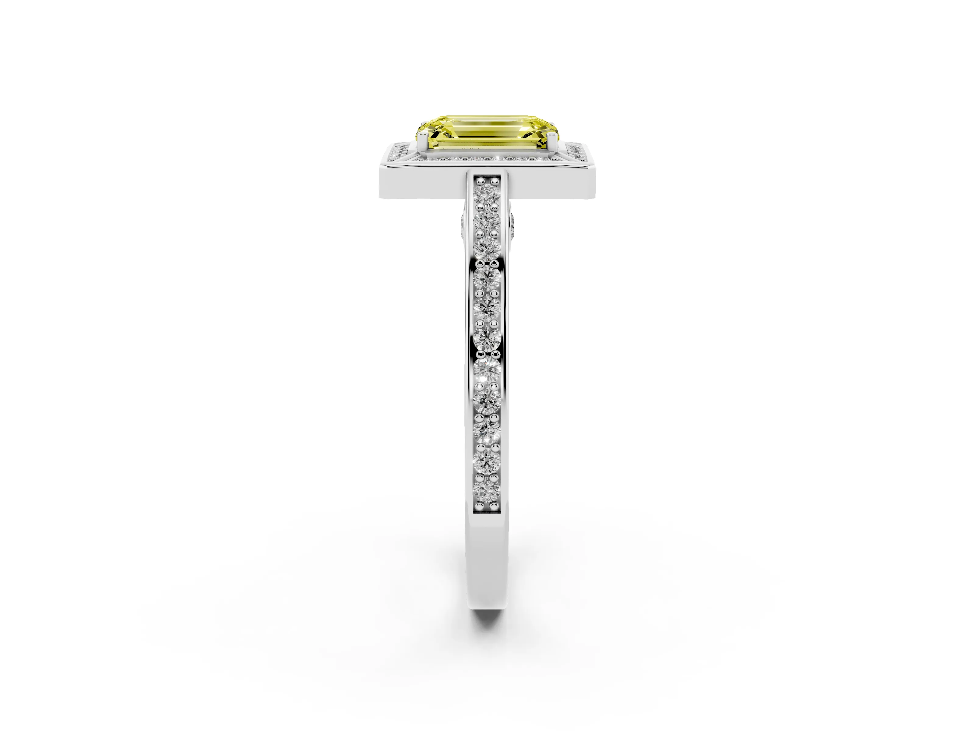 Fancy Yellow Emerald Cut Diamond Halo Pavé Split Shank Ring Set in Silver with Prong Setting