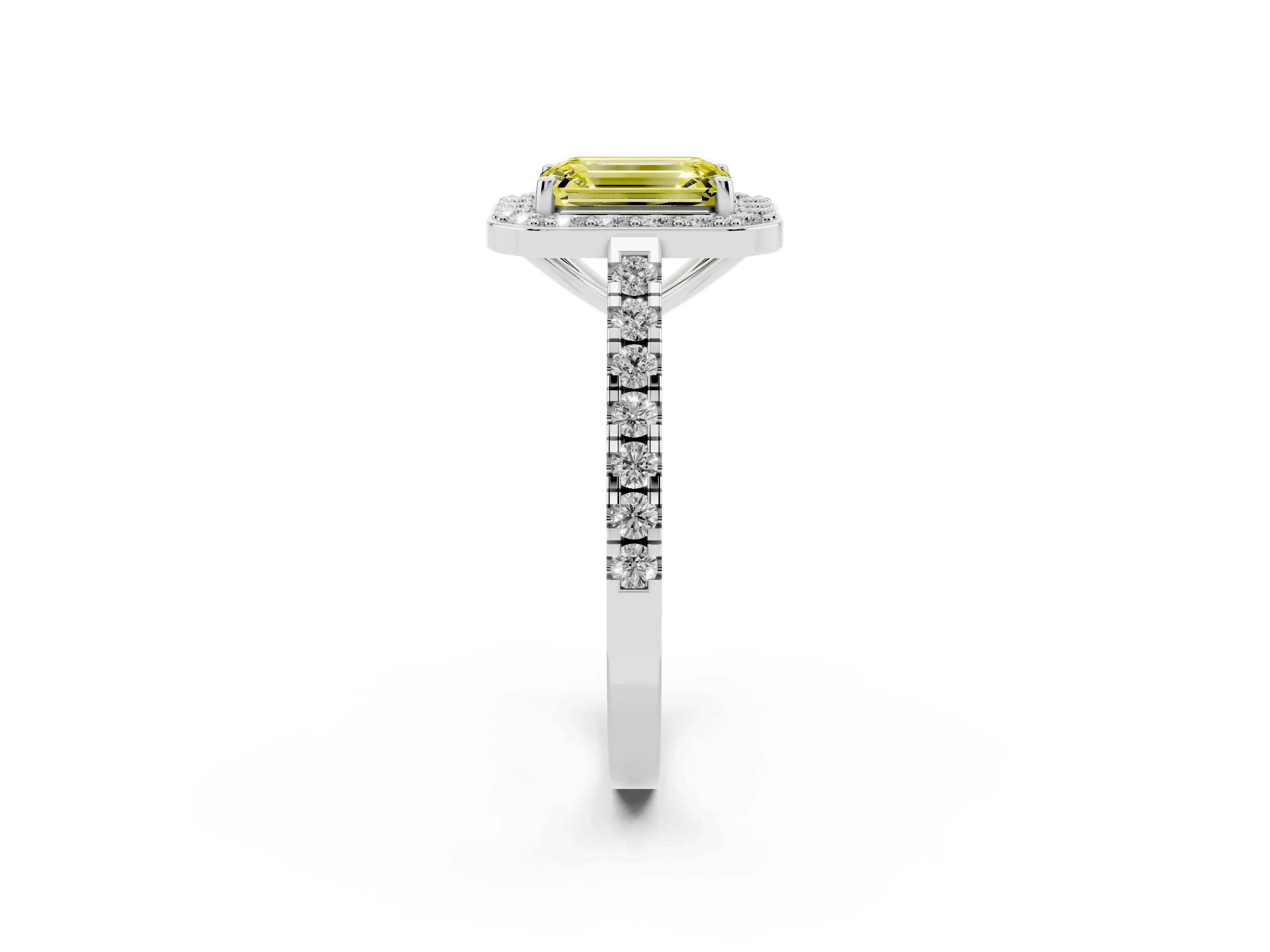 Fancy Yellow Emerald Cut Diamond Halo Ring Set in Silver with Round Pavé Split Shank and Prong Setting