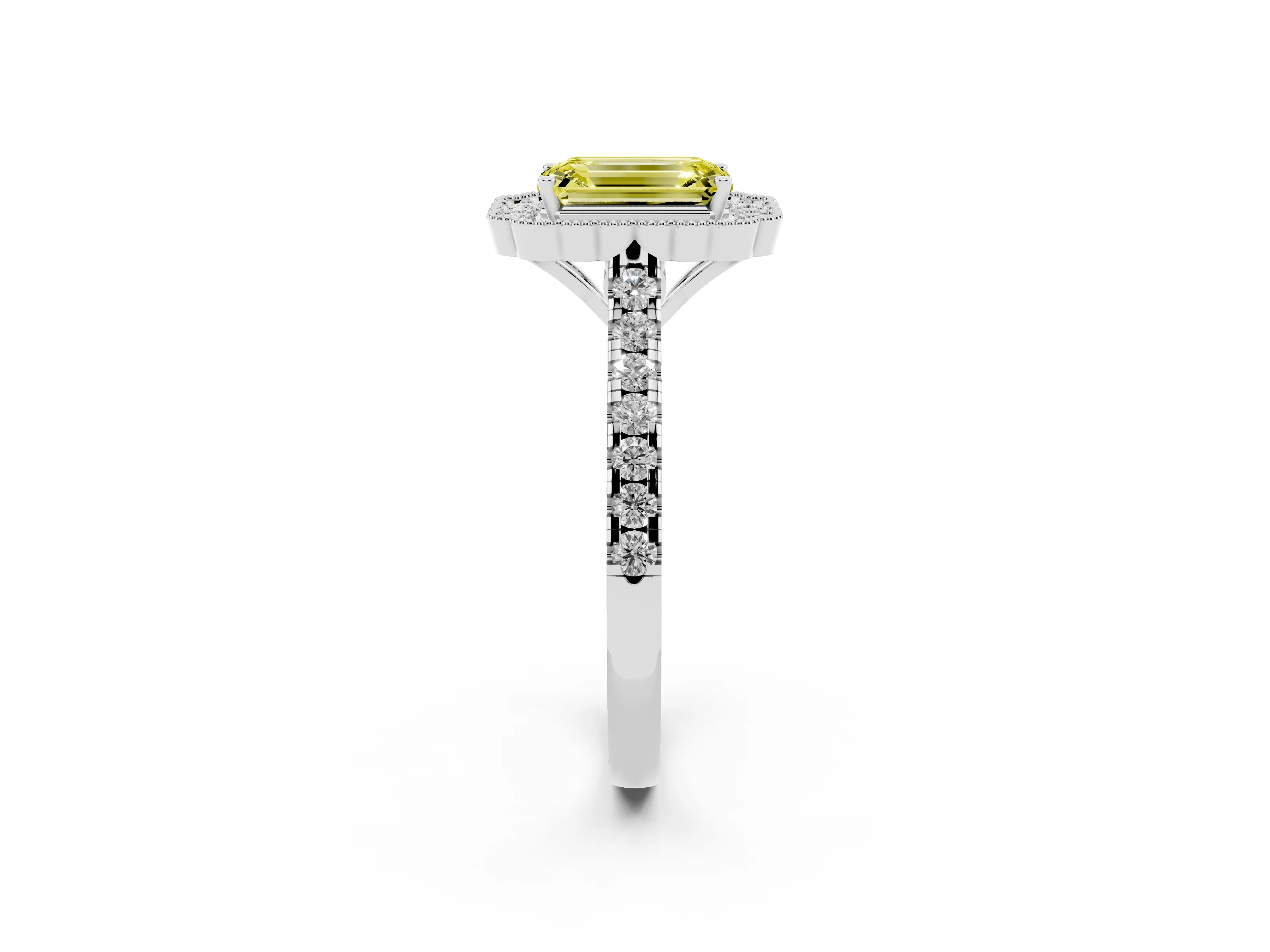 Fancy Yellow Emerald Cut Diamond Milgrain Floral Halo Engagement Ring Set in Silver with Pavé Band