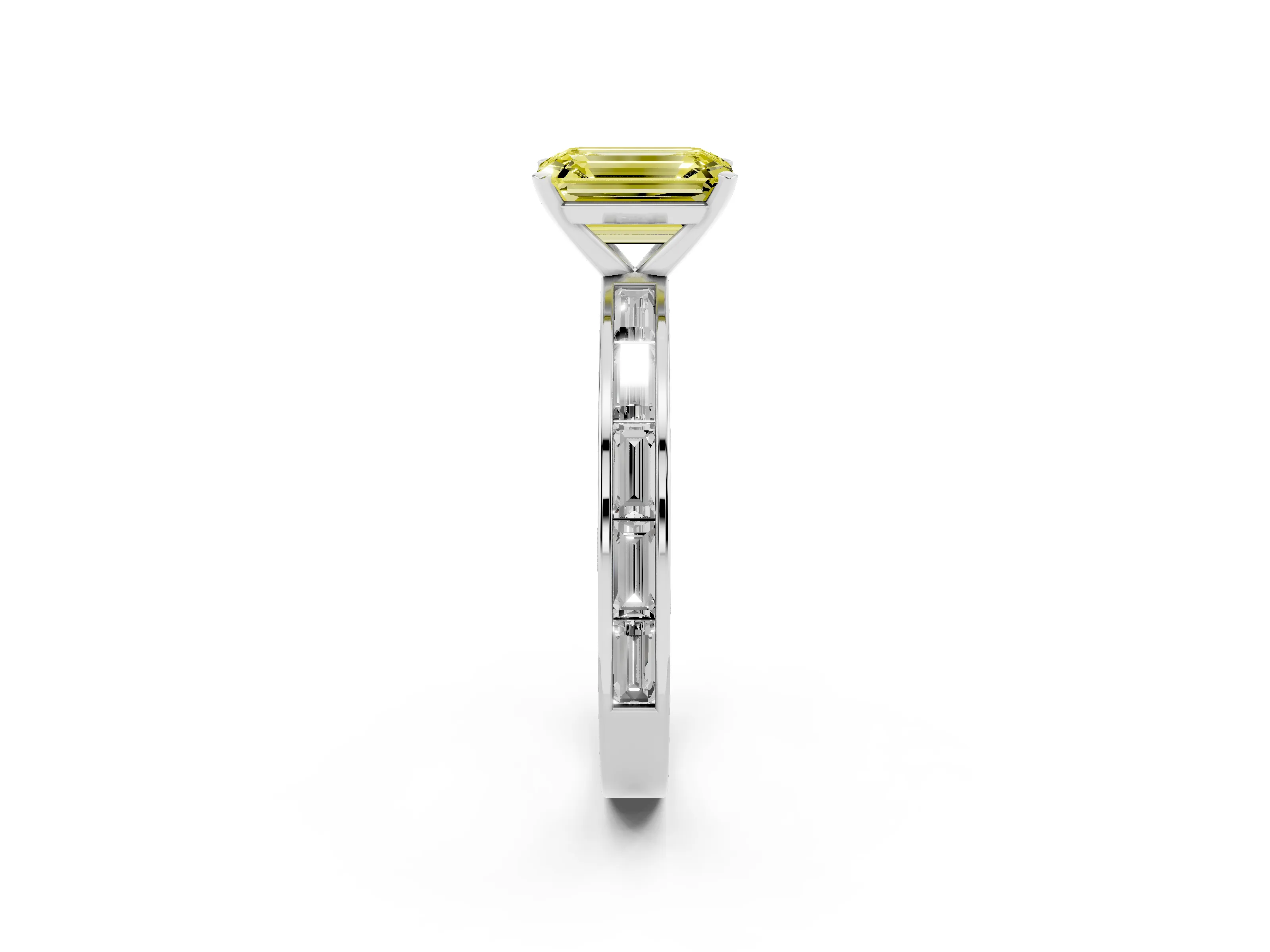 Fancy Yellow Emerald Cut Diamond Solitaire Ring Set in White gold with Channel-Set Baguette Band and Prong Setting