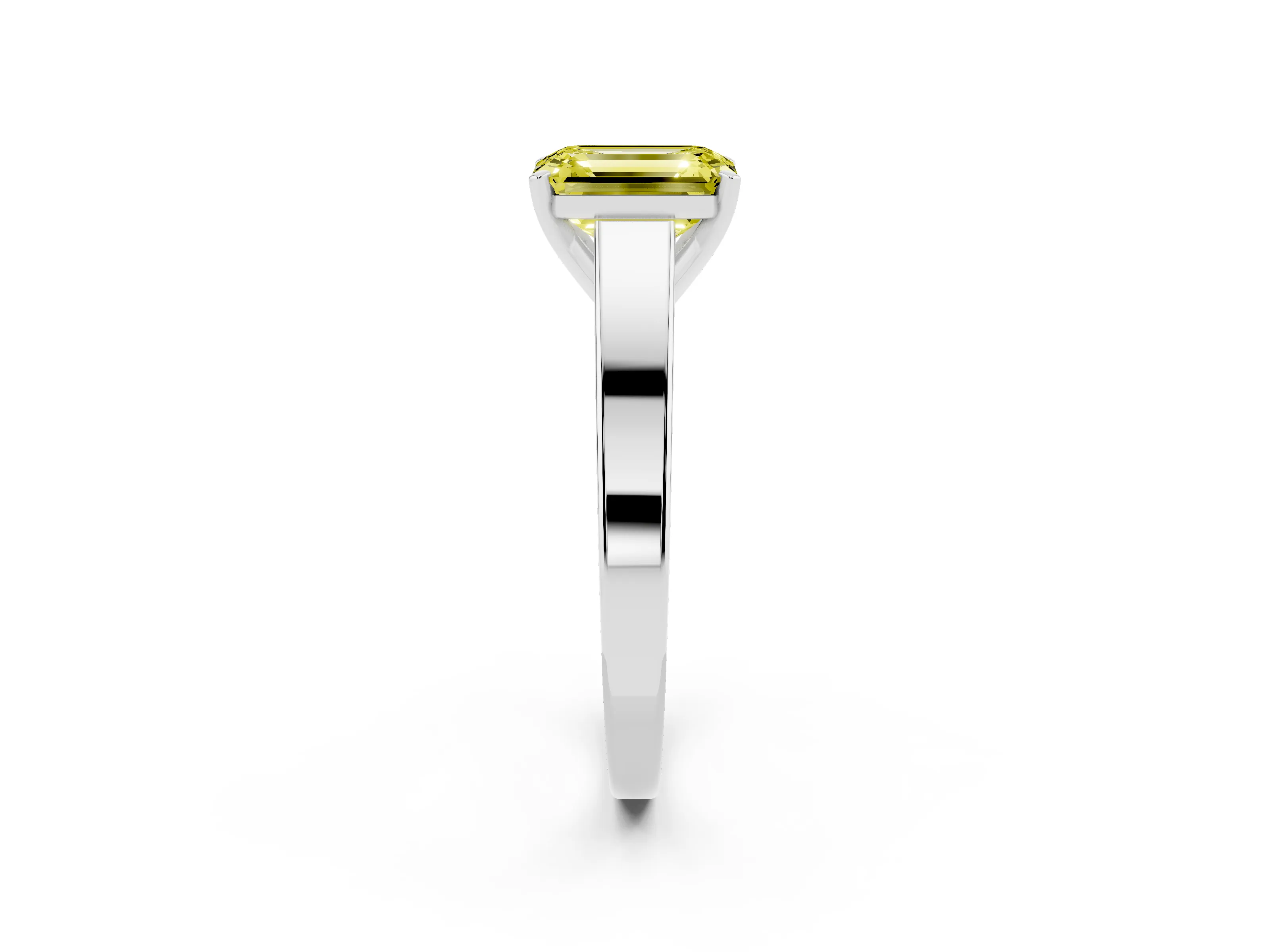 Fancy Yellow Emerald Cut Diamond Solitaire Engagement Ring Set in White gold with Prong Setting and Tapered Band