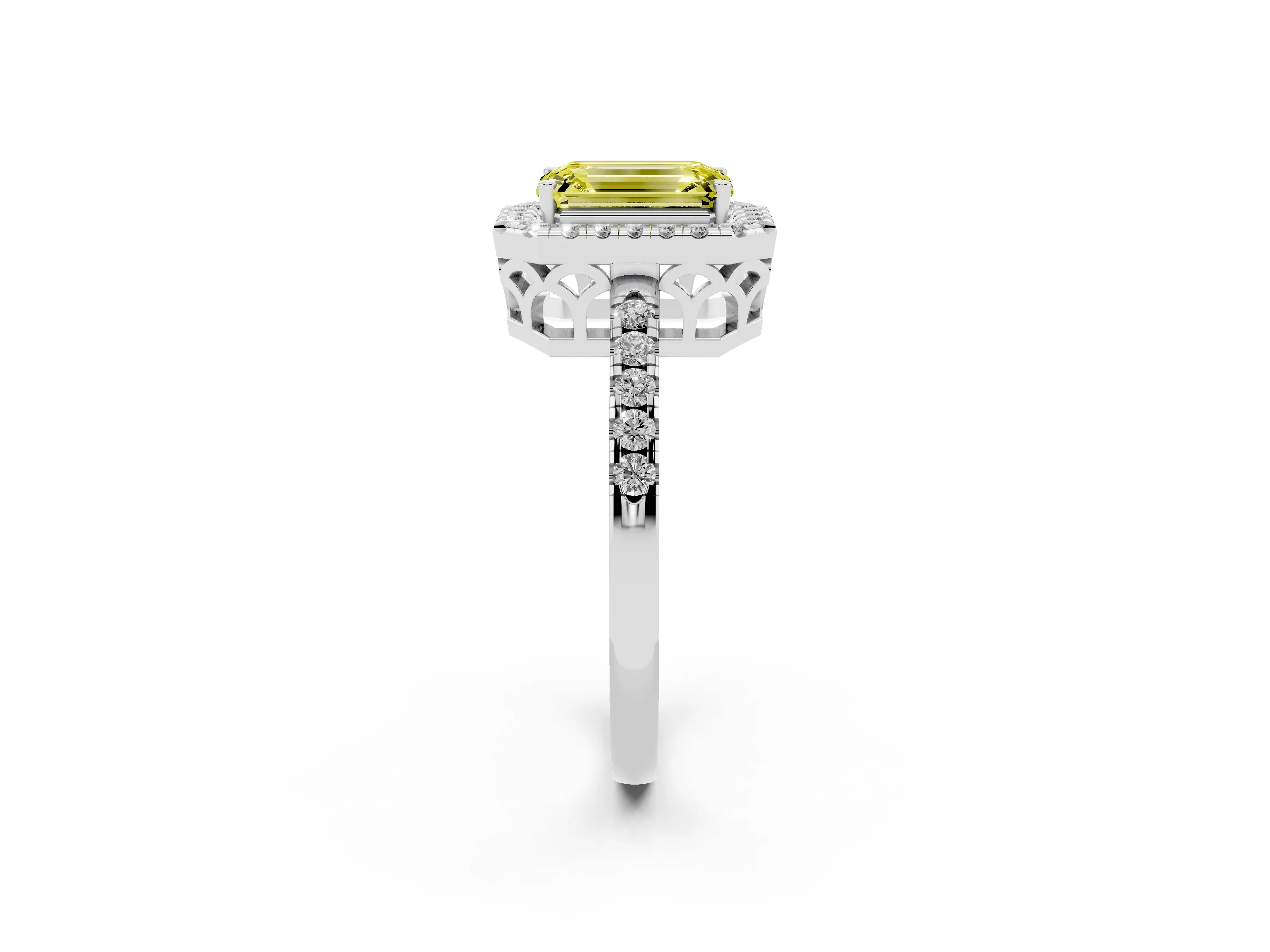Fancy Yellow Emerald Cut Diamond Pavé Band Halo Engagement Ring Set in White gold with Prong Setting