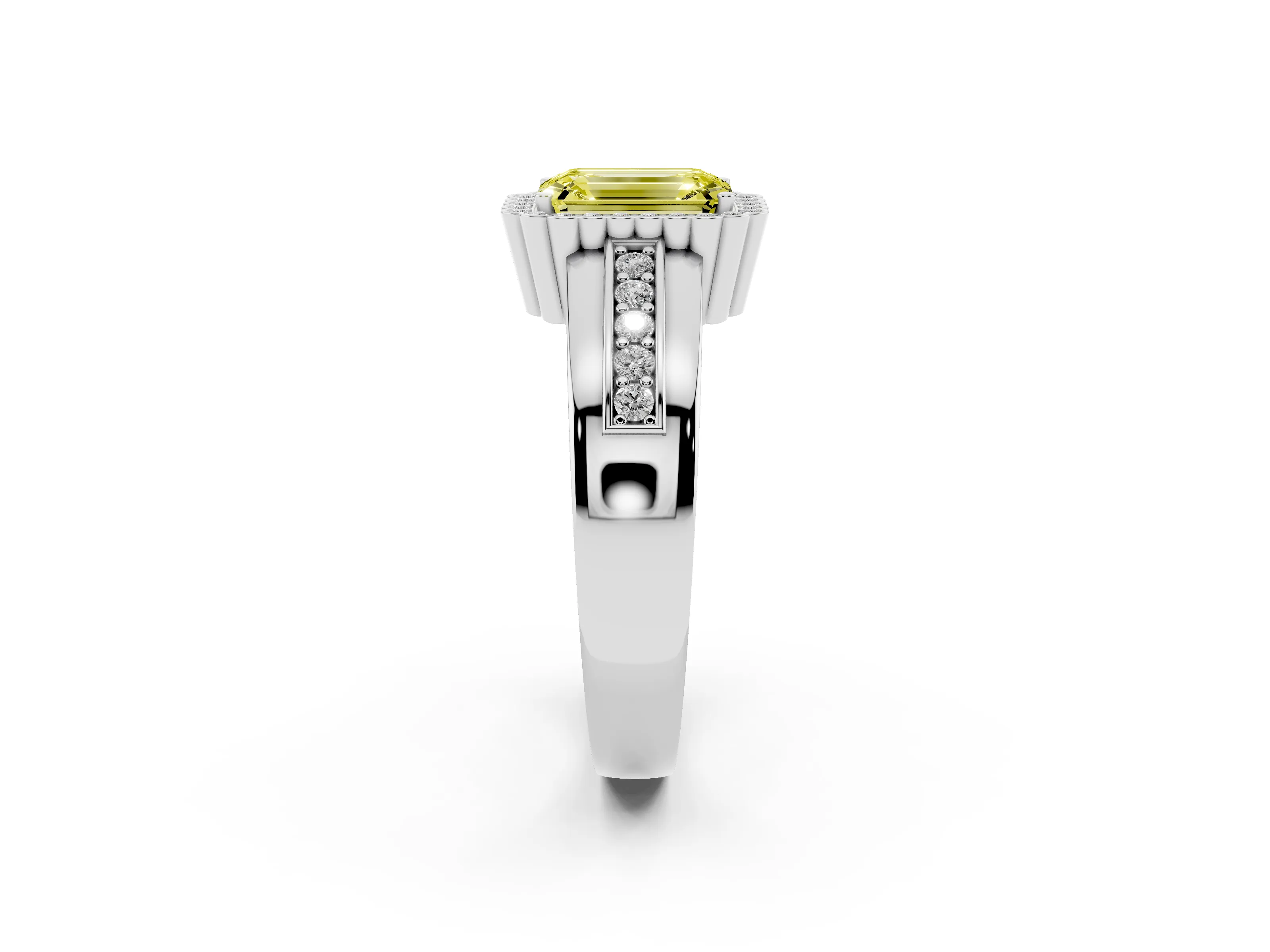 Fancy Yellow Emerald Cut Diamond Halo Prong Ring Set in Silver with Pavé Band