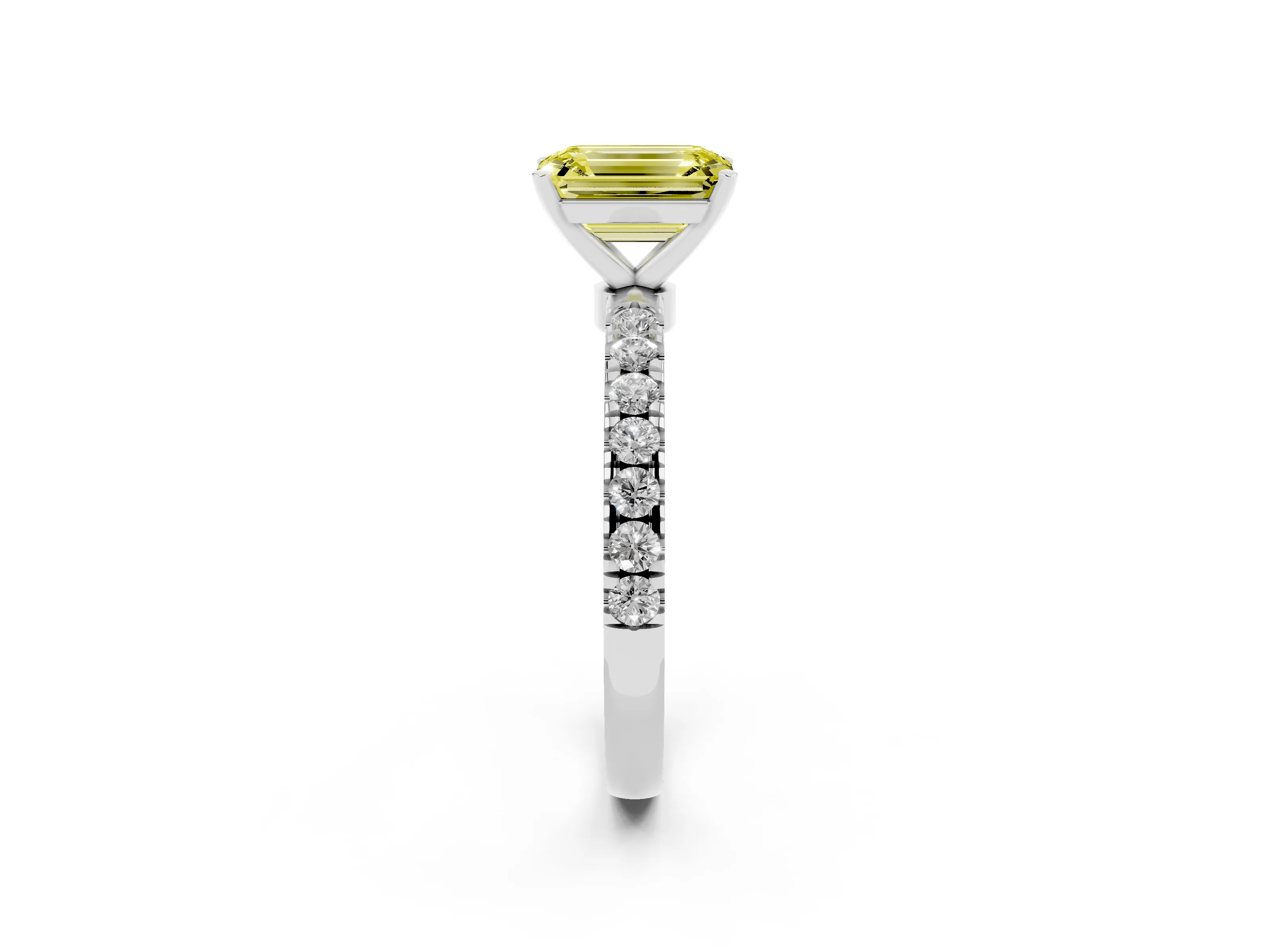 Fancy Yellow Emerald Cut Diamond Solitaire Ring Set in Silver with Pavé Accents and Prong Setting