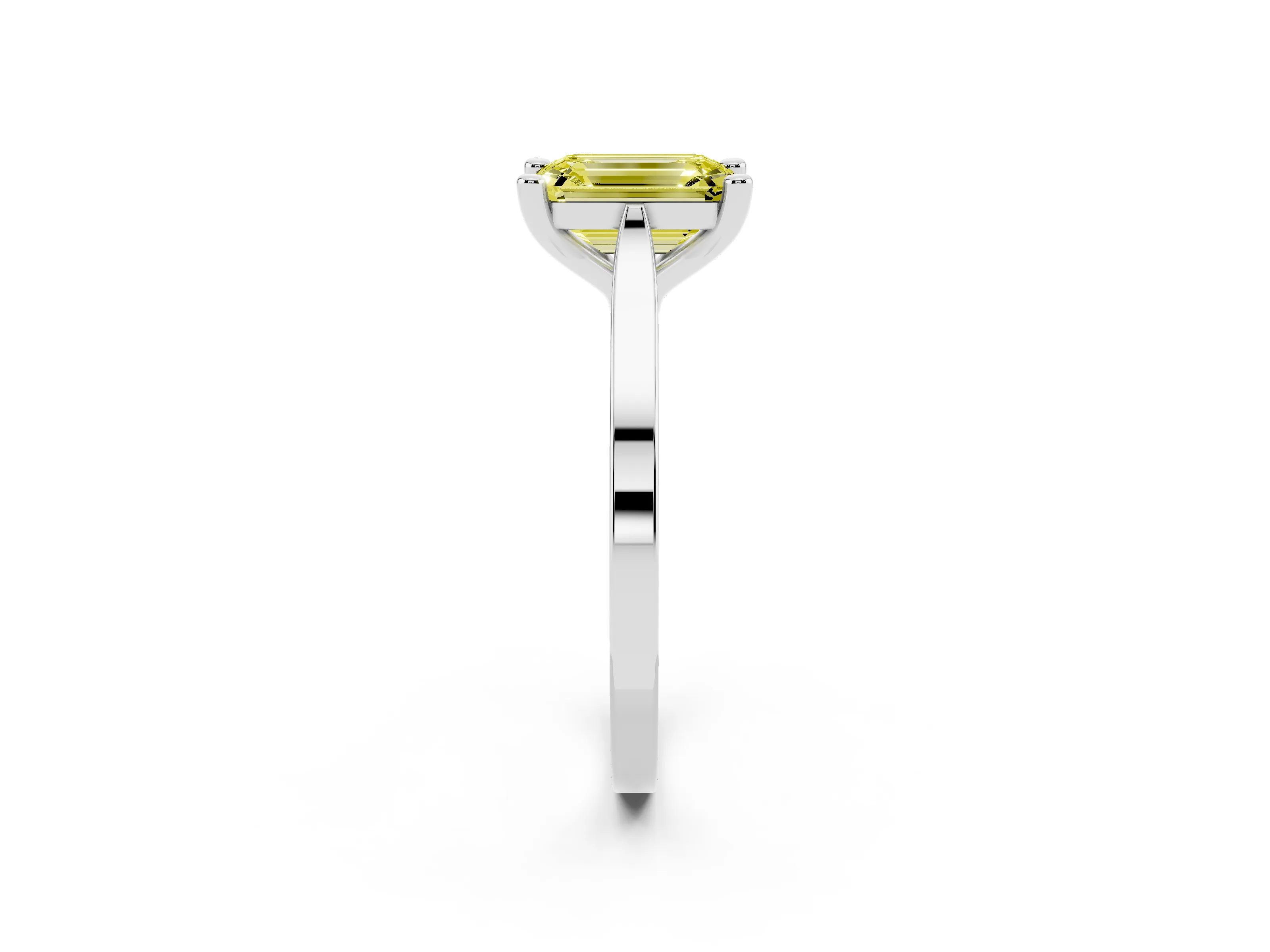 Fancy Yellow Emerald Cut Diamond Solitaire Ring Set in Silver with Prong Setting and Tapered Band