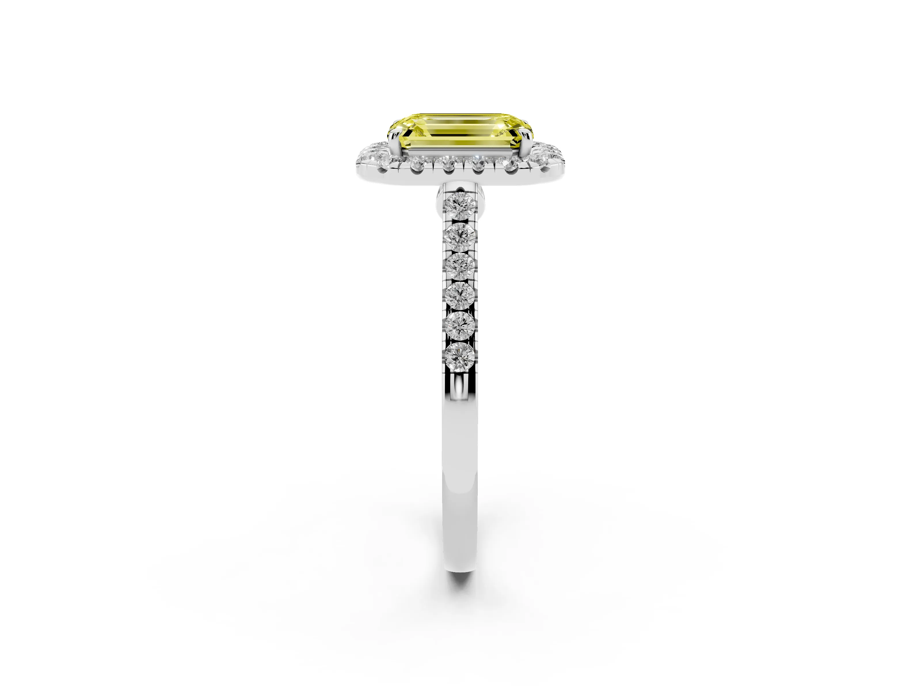 Fancy Yellow Emerald Cut Diamond Halo Pavé Engagement Ring Set in Platinum with Prong Setting