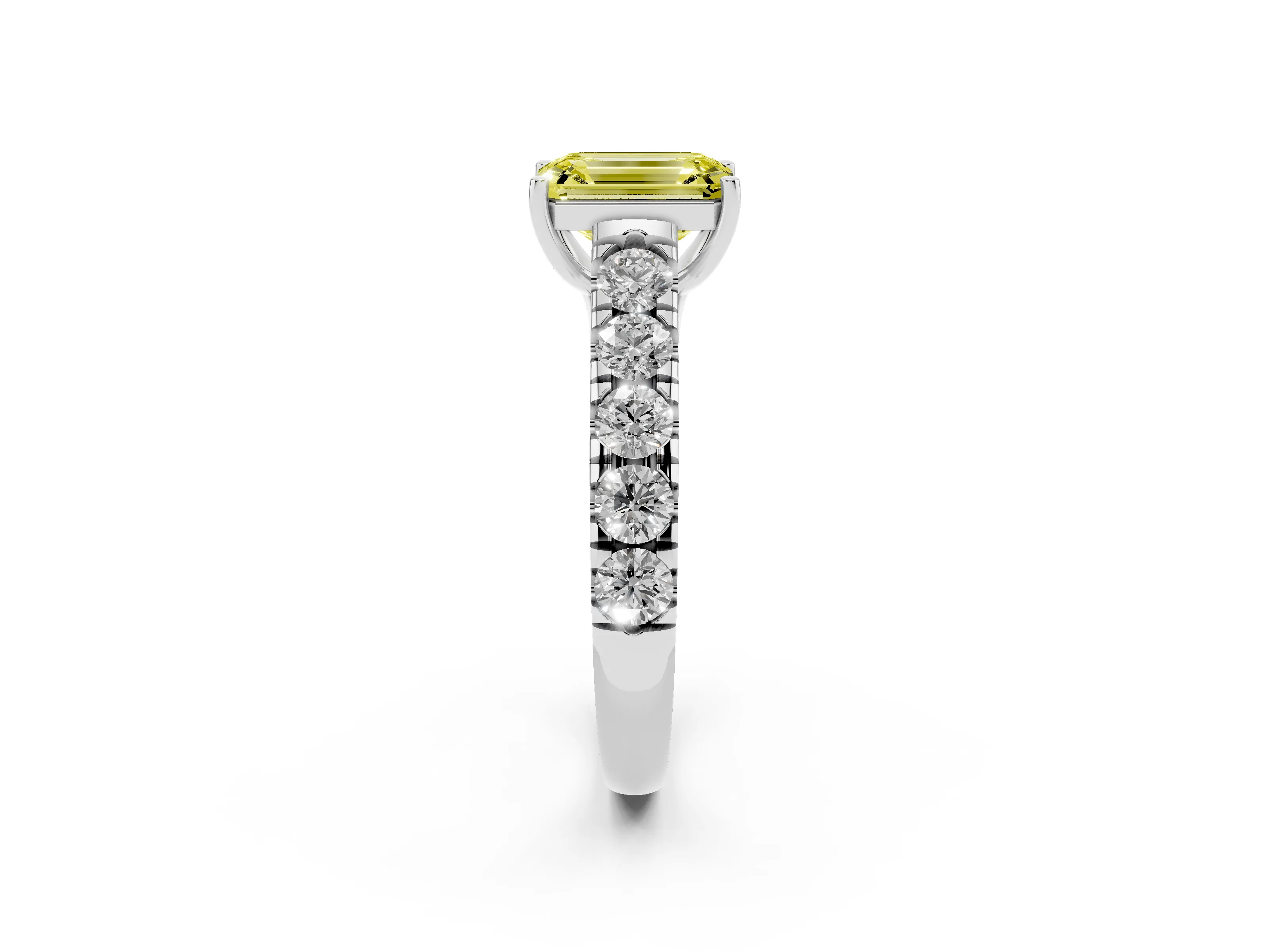 Fancy Yellow Emerald Cut Diamond Solitaire Ring Set in Silver with Cut-Down Micro Pavé Band and Prong Setting