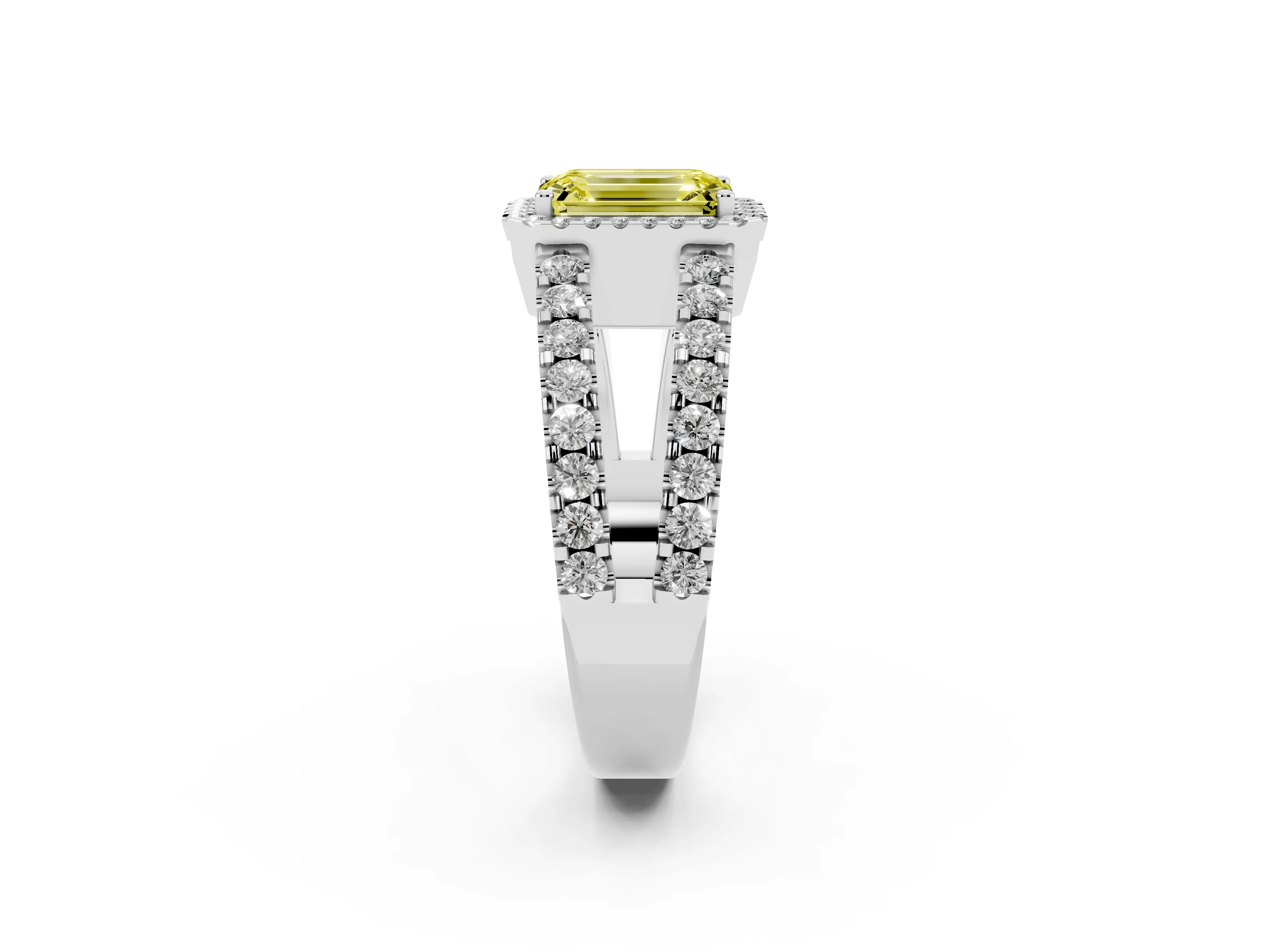 Fancy Yellow Emerald Cut Diamond Halo Ring Set in Platinum with Pavé Split Shank and Prong Setting