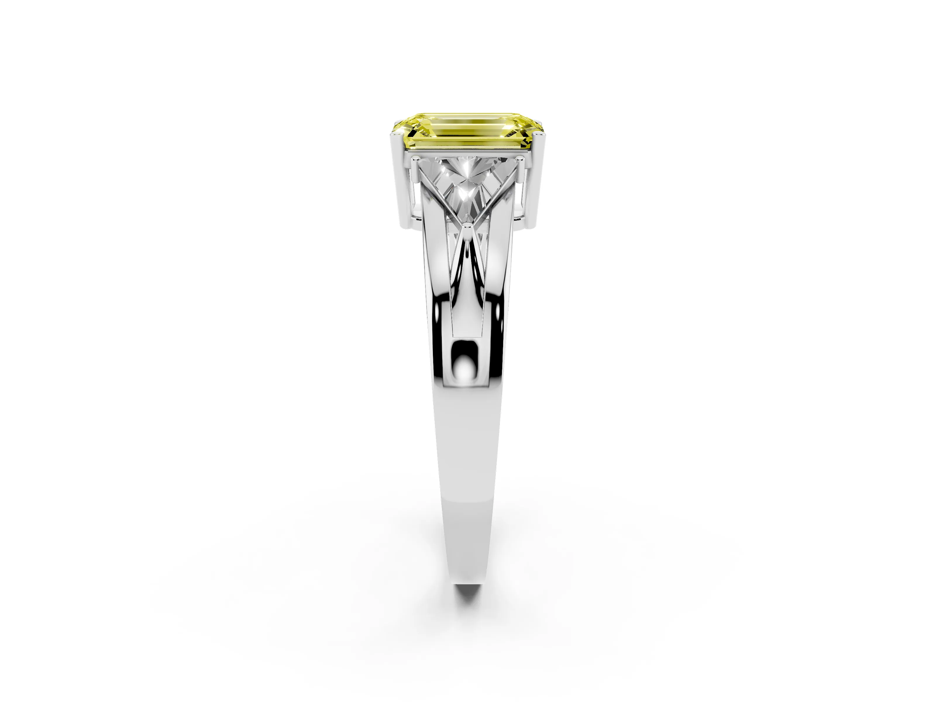 Fancy Yellow Emerald Cut Diamond Three-Stone Ring Set in Silver with Trillion Side Stones and Split Shank