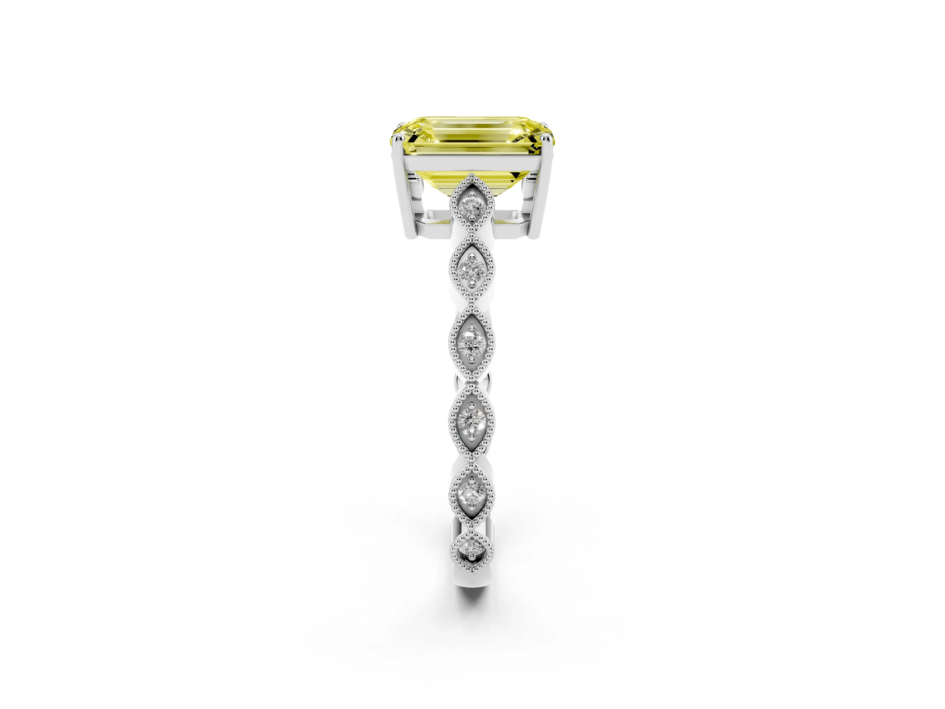 Fancy Yellow Emerald Cut Diamond Solitaire Ring Set in Silver with Infinity Twist Pavé Band