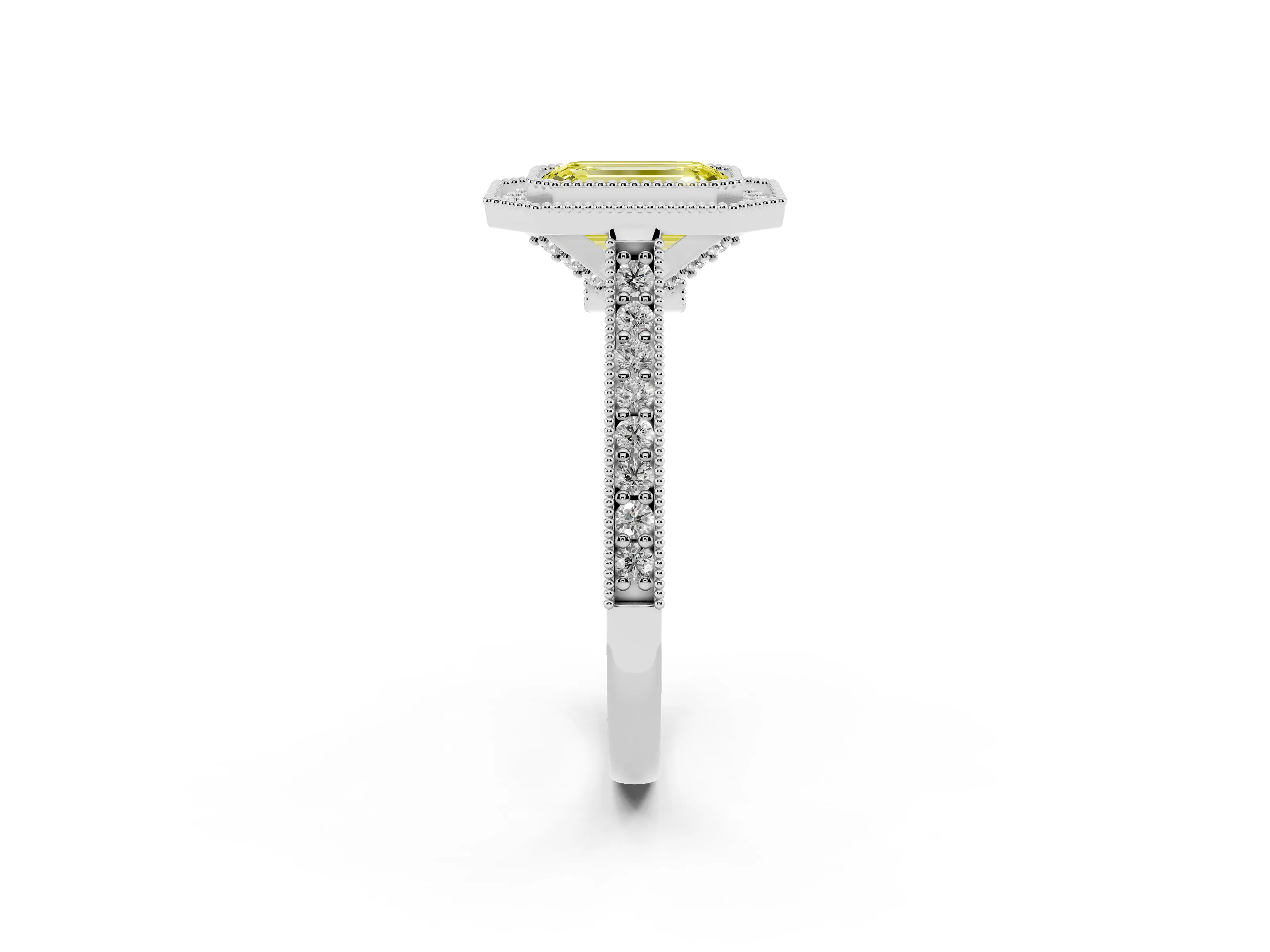 Fancy Yellow Emerald Cut Diamond Halo Milgrain Pavé Band Ring Set in Platinum with Prong Setting