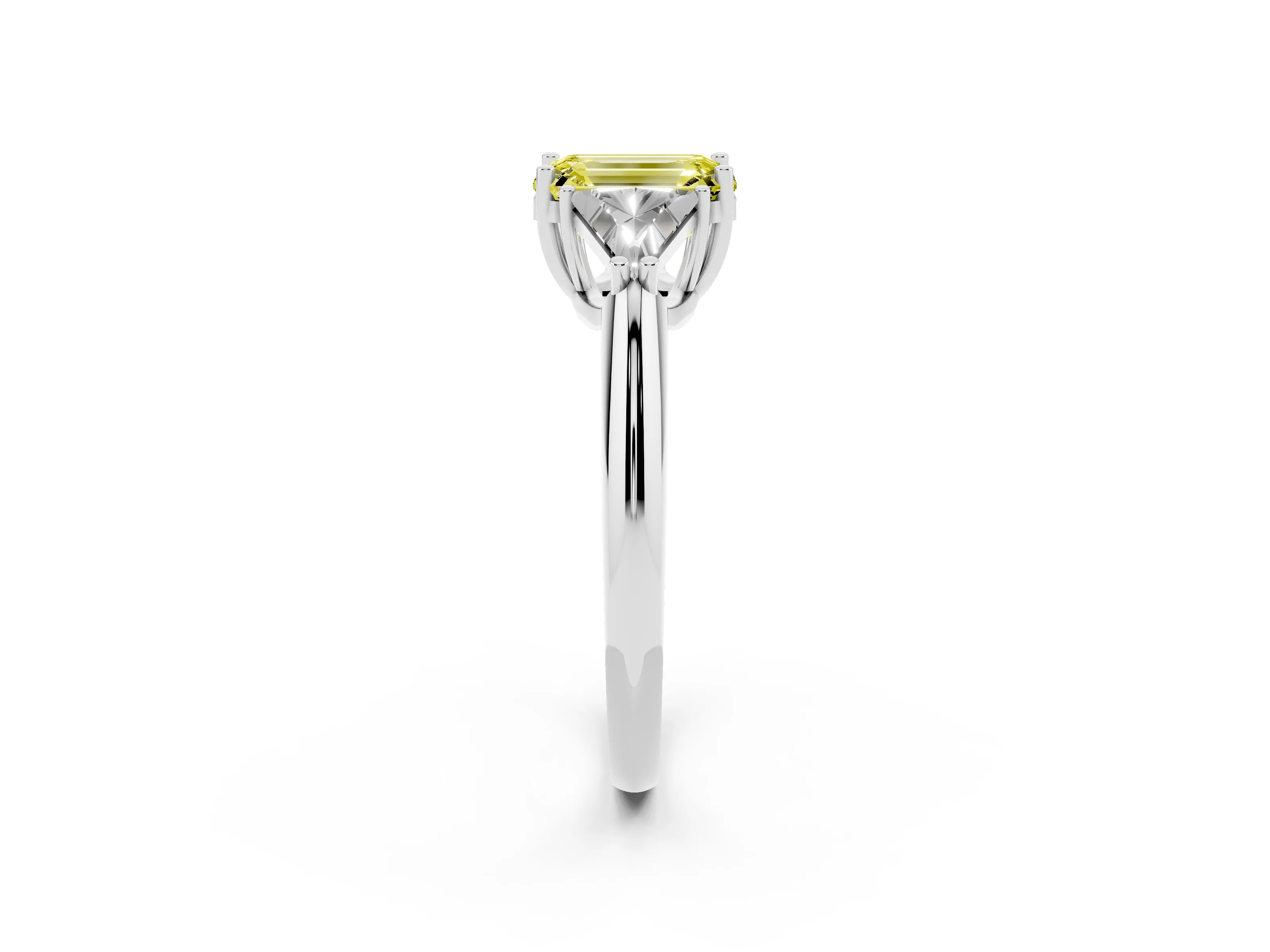 Fancy Yellow Emerald Cut Diamond Three-Stone Engagement Ring Set in Platinum with Trillion Side Stones