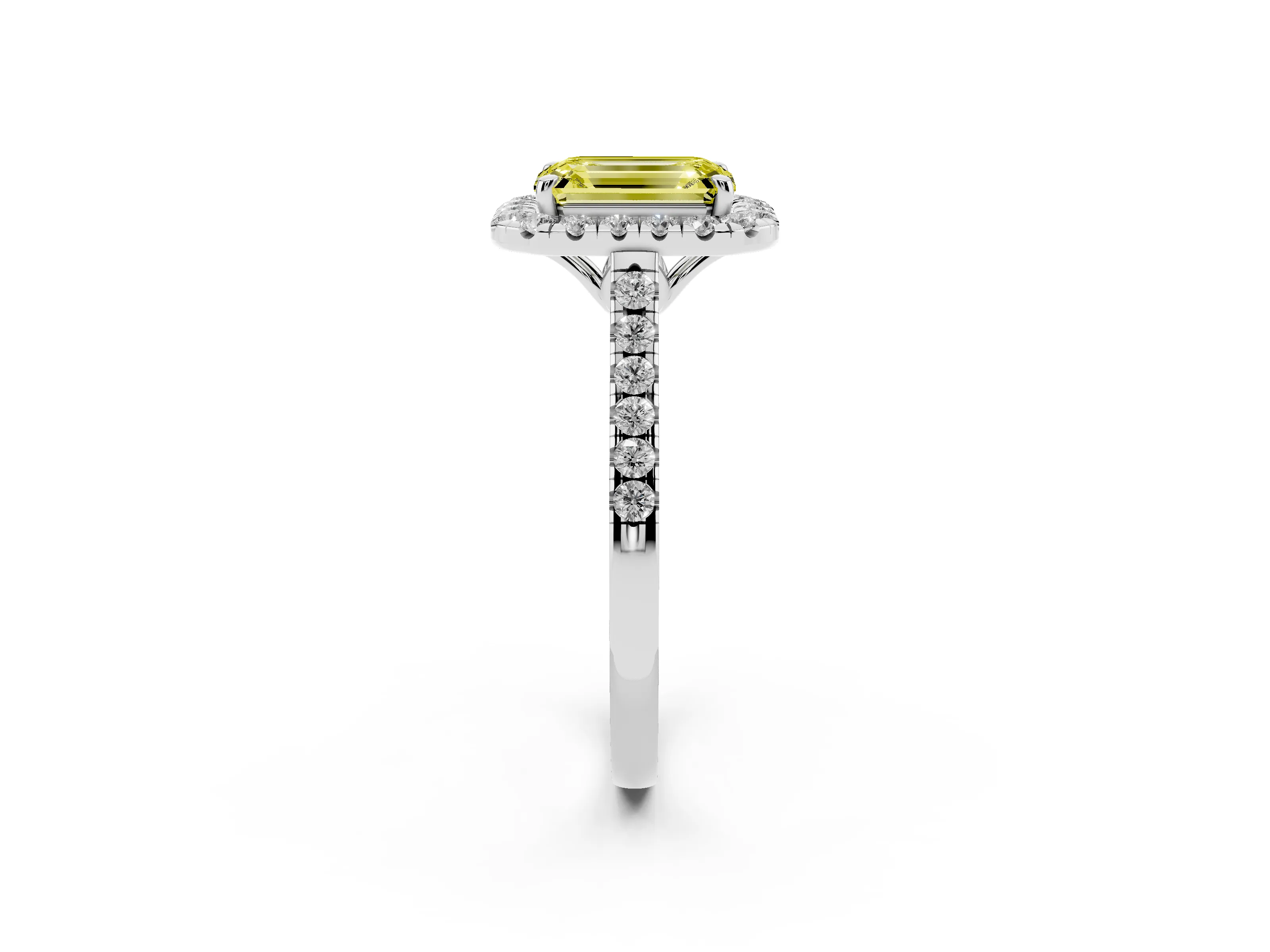 Fancy Yellow Emerald Cut Diamond Pavé Halo Engagement Ring Set in White gold with Pavé Band and Prong Setting