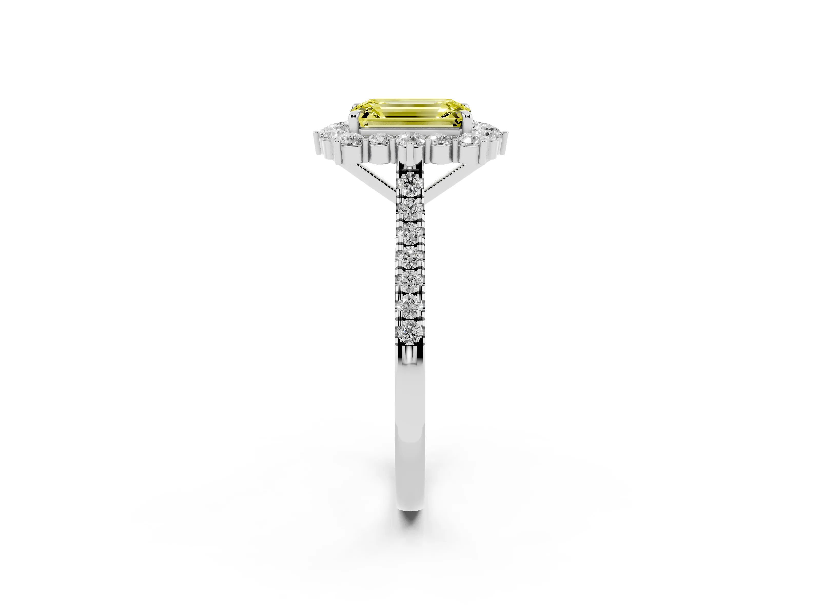 Fancy Yellow Emerald Cut Diamond Halo Ring Set in Platinum with Pavé Band and Prong Setting