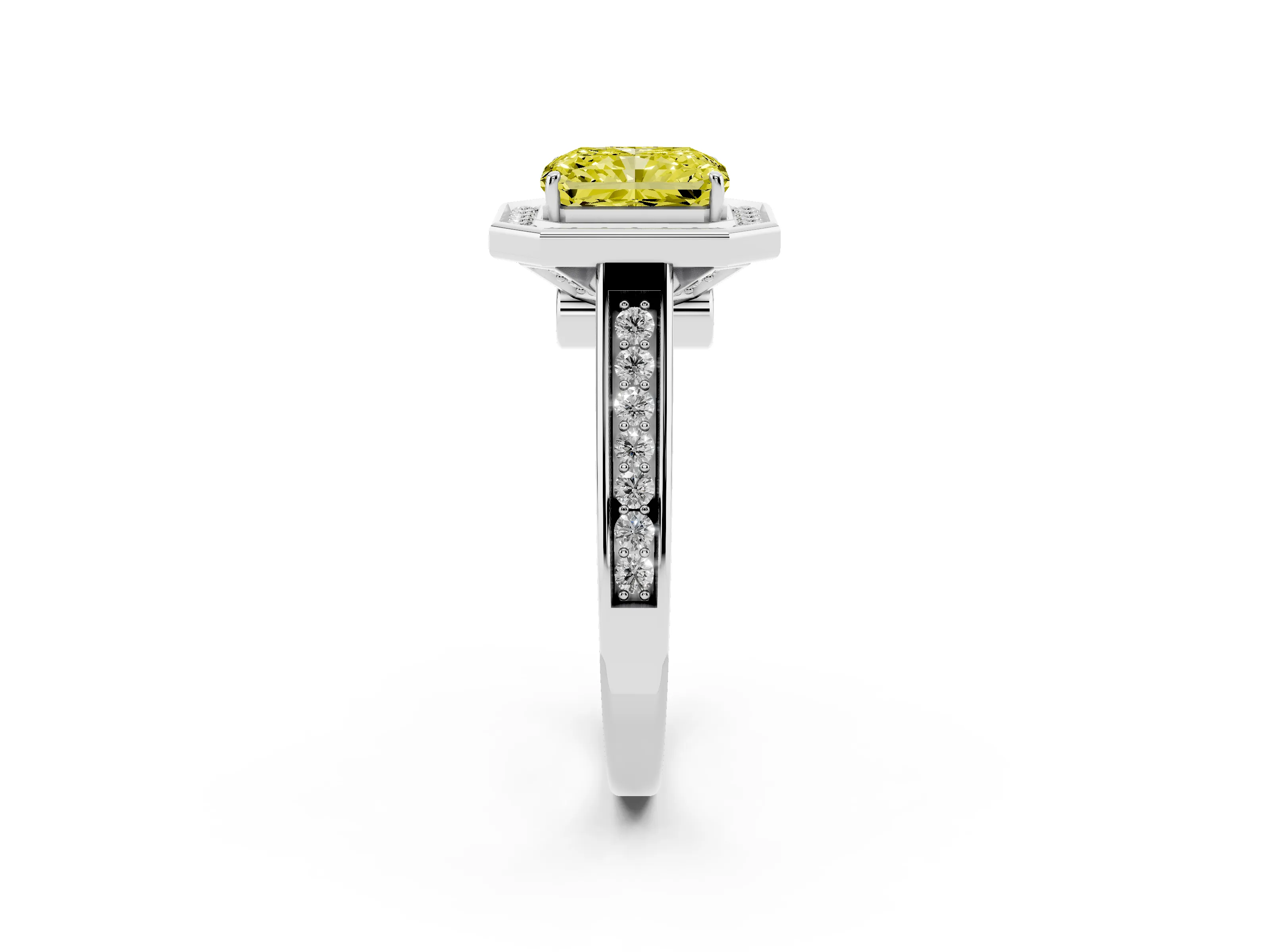 Fancy Yellow Emerald Cut Diamond Halo Solitaire Ring Set in Silver with Pavé Band and Bezel Setting