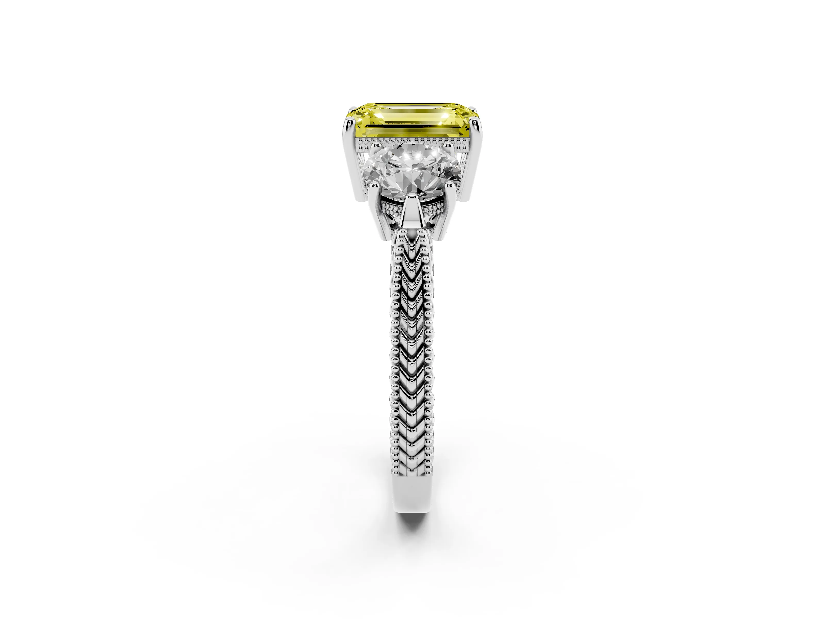 Fancy Yellow Emerald Cut Diamond Three-Stone Ring Set in Platinum with Milgrain Band