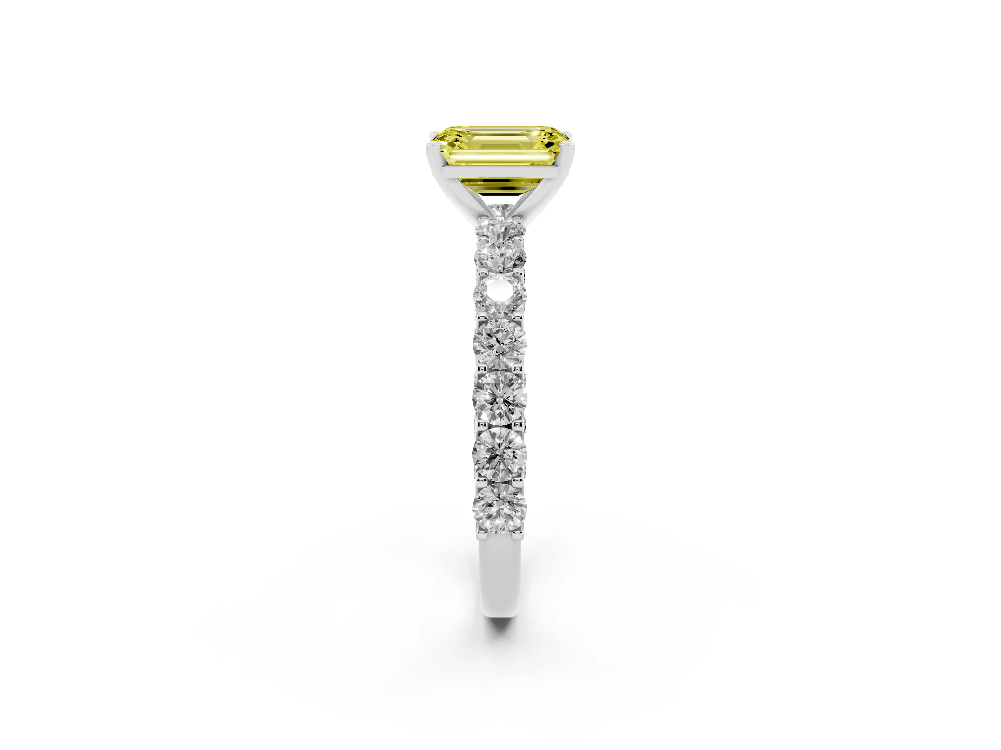 Fancy Yellow Emerald Cut Diamond Solitaire Ring Set in Silver with Shared Prong Pavé Band